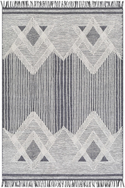 Charcoal Hand Woven 60% Wool, 40% Polyester Cottage Rectangle Handmade rug, Indoor use only, has fringe, non-washable.