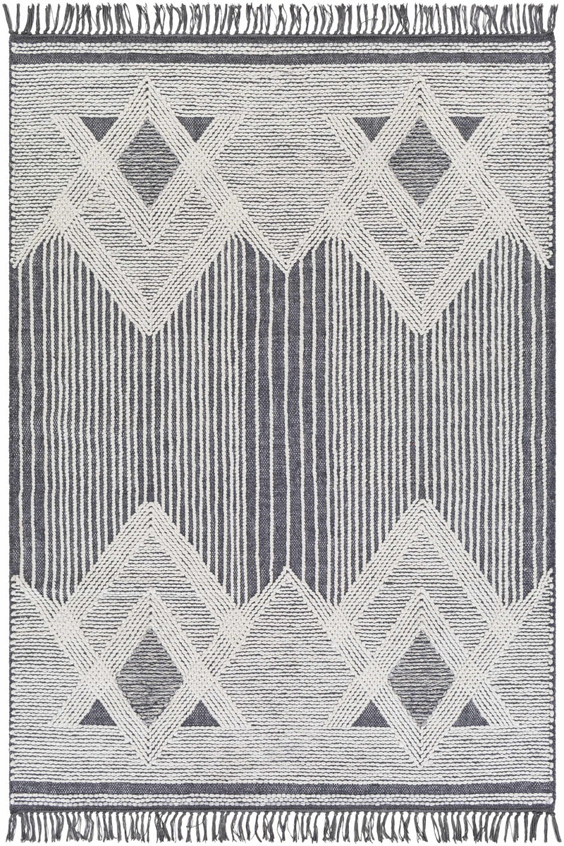 Charcoal Hand Woven 60% Wool, 40% Polyester Cottage Rectangle Handmade rug, Indoor use only, has fringe, non-washable.