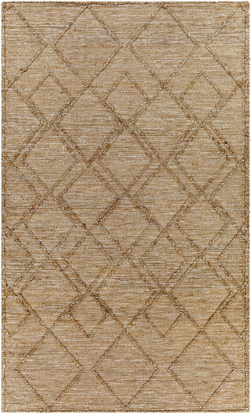 Tan Hand Woven 60% Jute, 40% Polyester Global Rectangle Handmade rug, Indoor use only, no fringe, non-washable.
