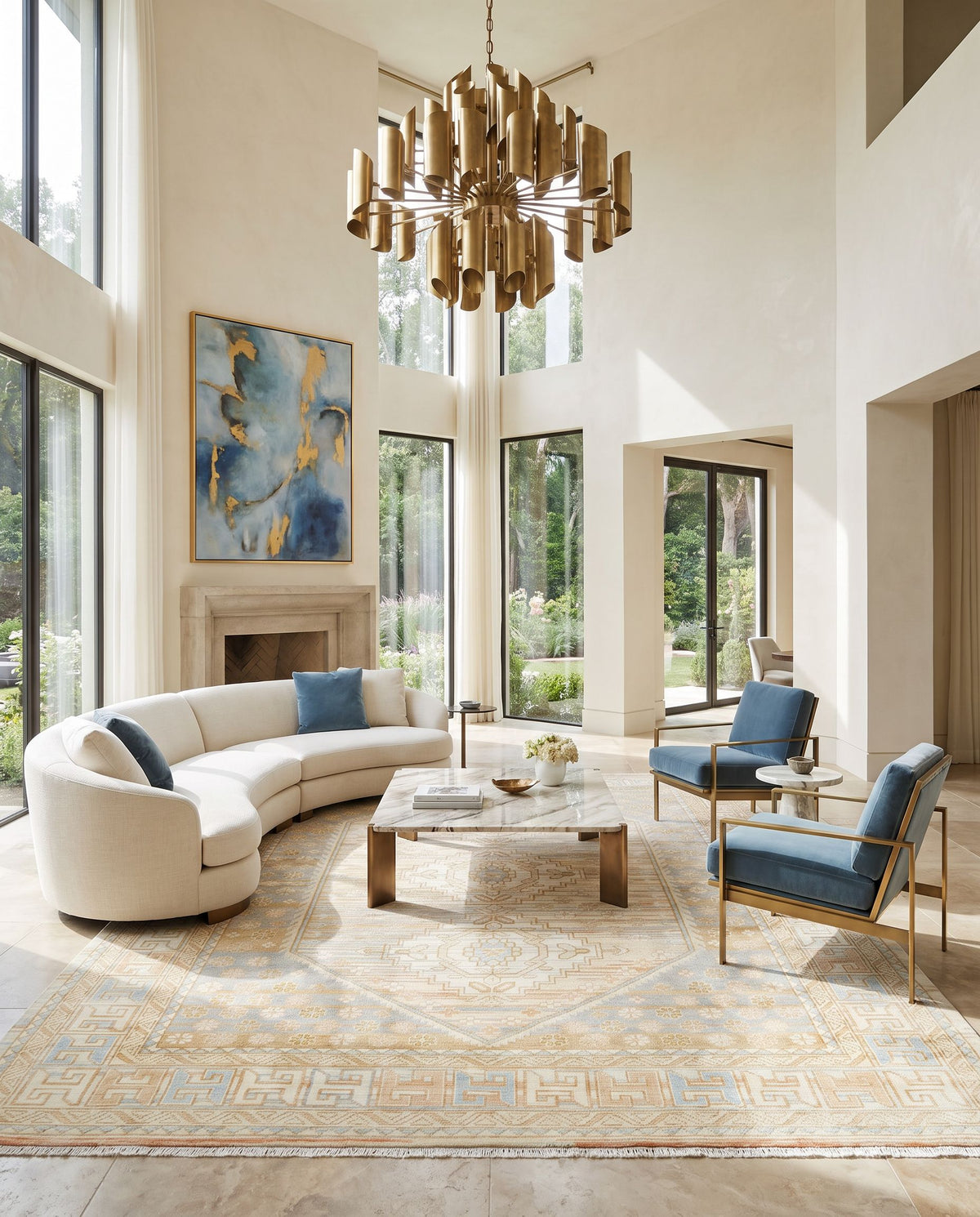 Bunyan BYN-2300 Hand Knotted Rug as the centerpiece of a bright luxury living room — a hand knotted traditional area rug in light beige, dusty pink, pale blue and mustard tones