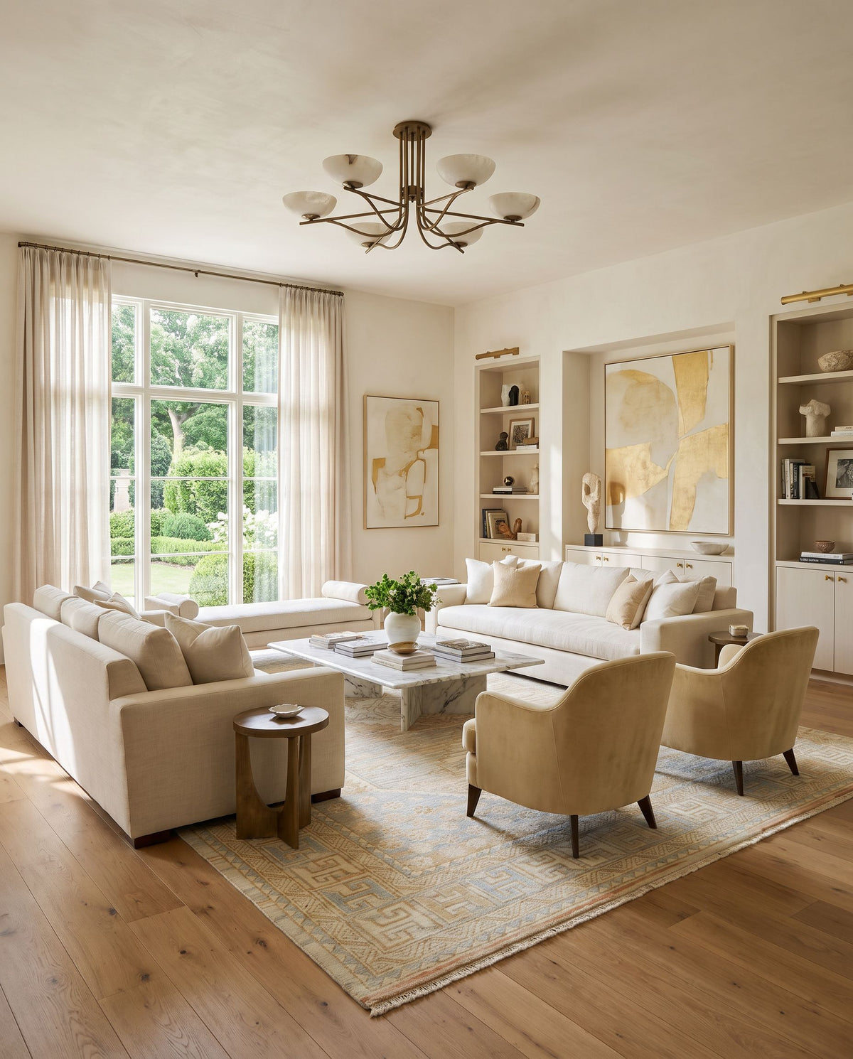 Bunyan BYN-2300 Hand Knotted Rug styled in an elegant designer living room — hand knotted traditional area rug in light beige, dusty pink, pale blue and mustard tones
