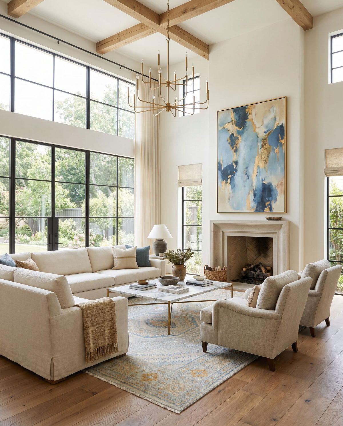 Bunyan BYN-2301 Hand Knotted Rug styled in an elegant designer living room — hand knotted traditional area rug in beige, pale blue, light brown and light slate tones