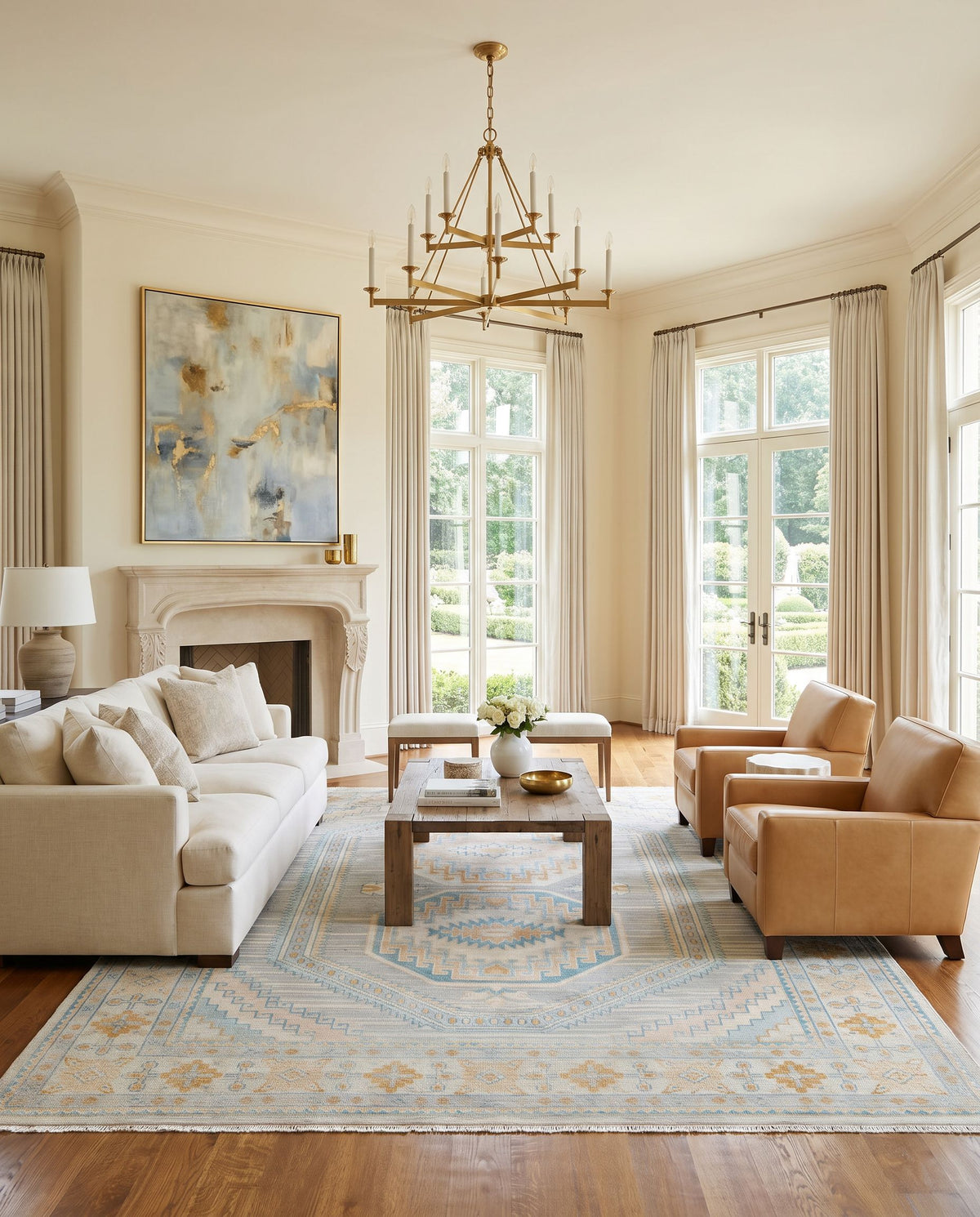 Bunyan BYN-2301 Hand Knotted Rug styled in an elegant designer living room — hand knotted traditional area rug in beige, pale blue, light brown and light slate tones