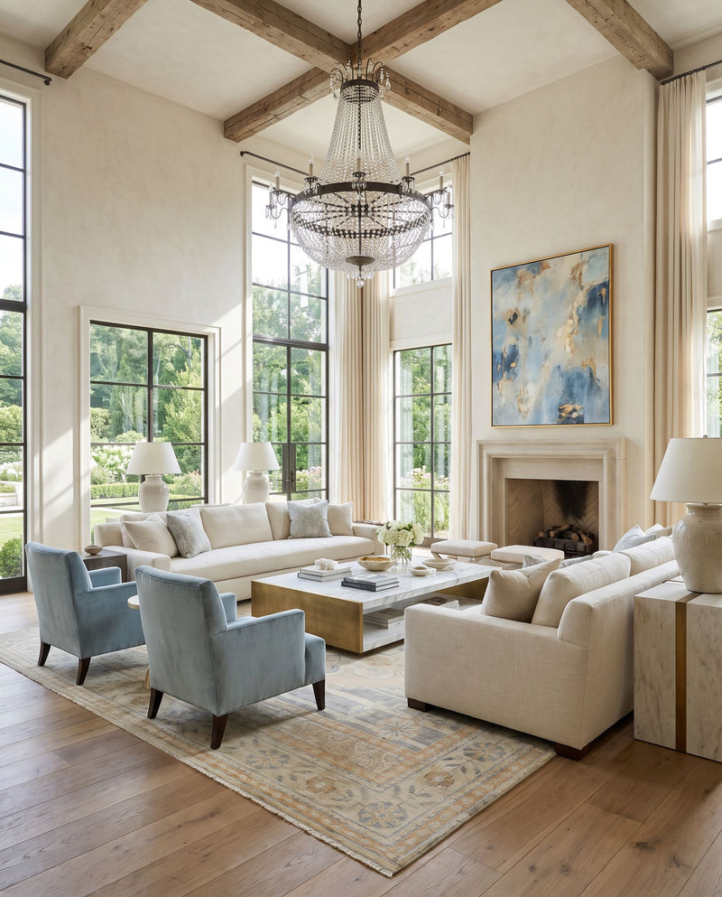 Bunyan BYN-2303 Hand Knotted Rug as the centerpiece of a bright luxury living room — a hand knotted traditional area rug in wheat, peach, seafoam and slate tones