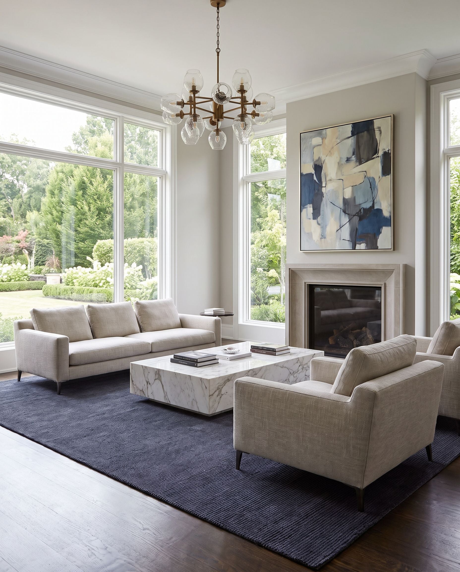 Capri CAP-2300 Hand Knotted Rug styled in an elegant designer living room — hand knotted cottage area rug in dark blue tones