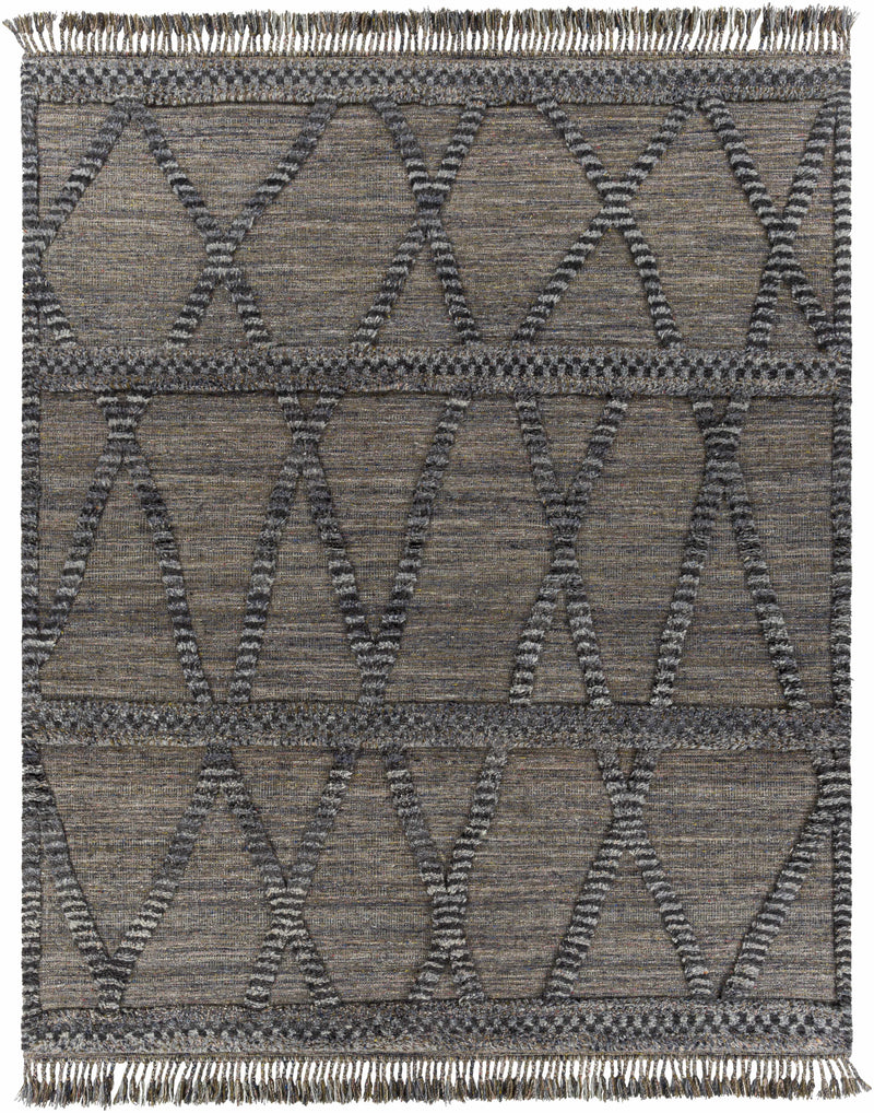Black Hand Knotted 100% Wool Global Rectangle Handmade rug, Indoor use only, has fringe, non-washable. runner also available