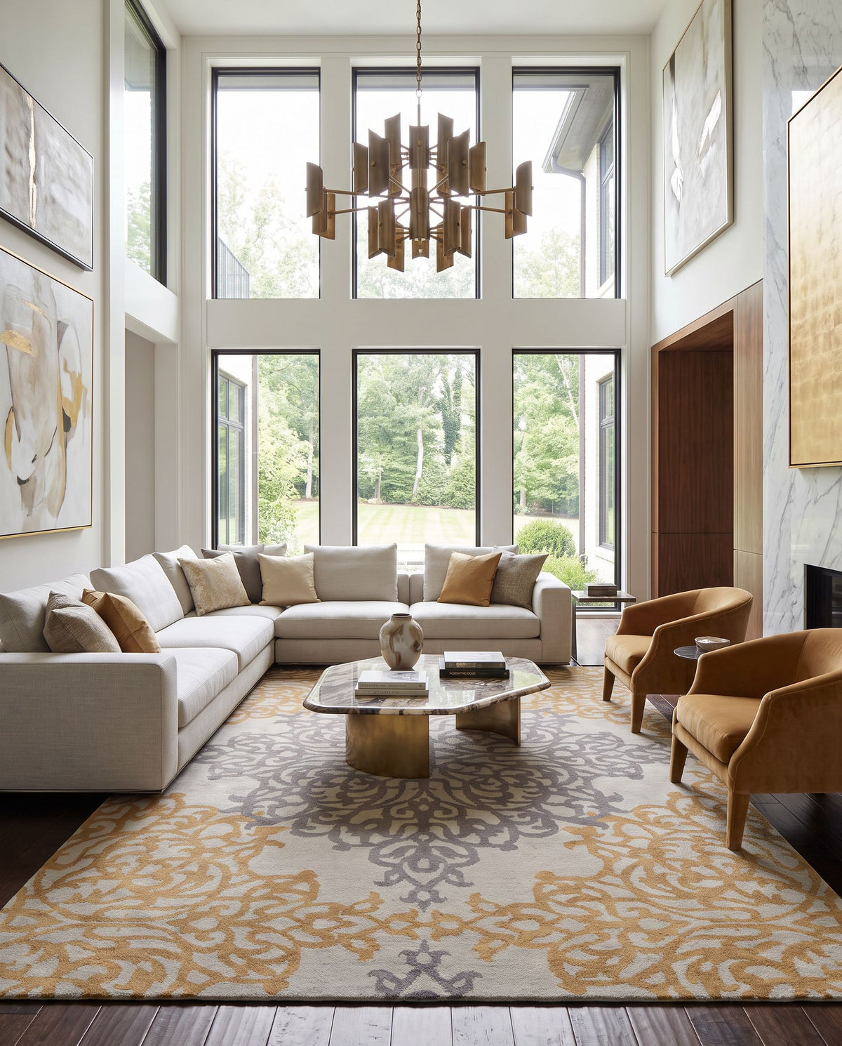 Caspian CAS-9914 Hand Knotted Rug as the centerpiece of a bright luxury living room — a hand knotted modern area rug in dusty sage, medium brown and charcoal tones