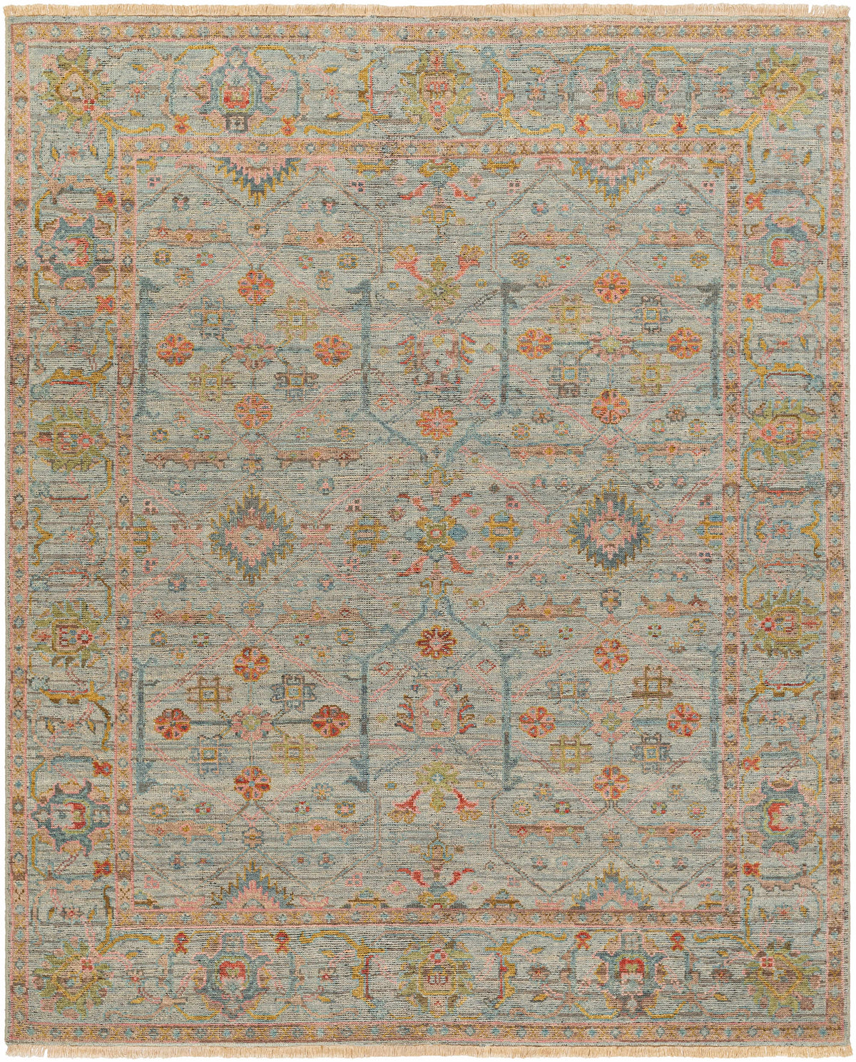 Pale Blue Hand Knotted 90% Wool, 10% Cotton Traditional Rectangle Handmade rug, Indoor use only, has fringe, non-washable.