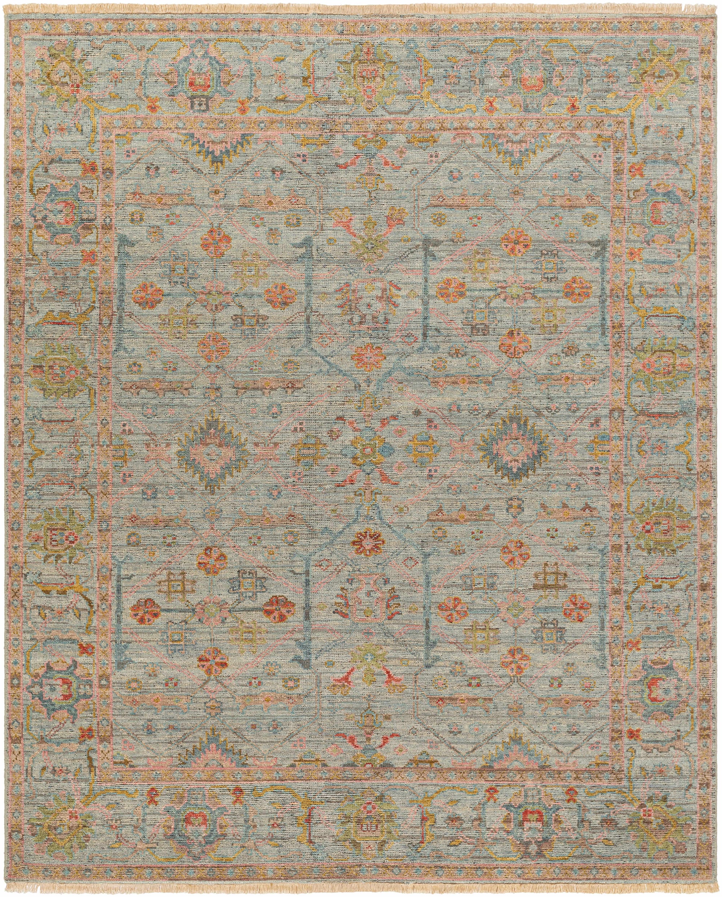 Pale Blue Hand Knotted 90% Wool, 10% Cotton Traditional Rectangle Handmade rug, Indoor use only, has fringe, non-washable.