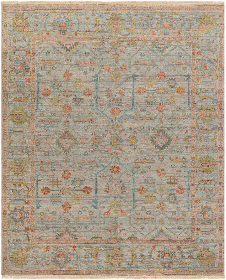 Pale Blue Hand Knotted 90% Wool, 10% Cotton Traditional Rectangle Handmade rug, Indoor use only, has fringe, non-washable.