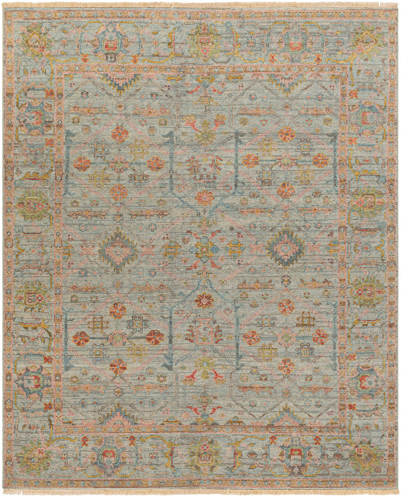 Pale Blue Hand Knotted 90% Wool, 10% Cotton Traditional Rectangle Handmade rug, Indoor use only, has fringe, non-washable.