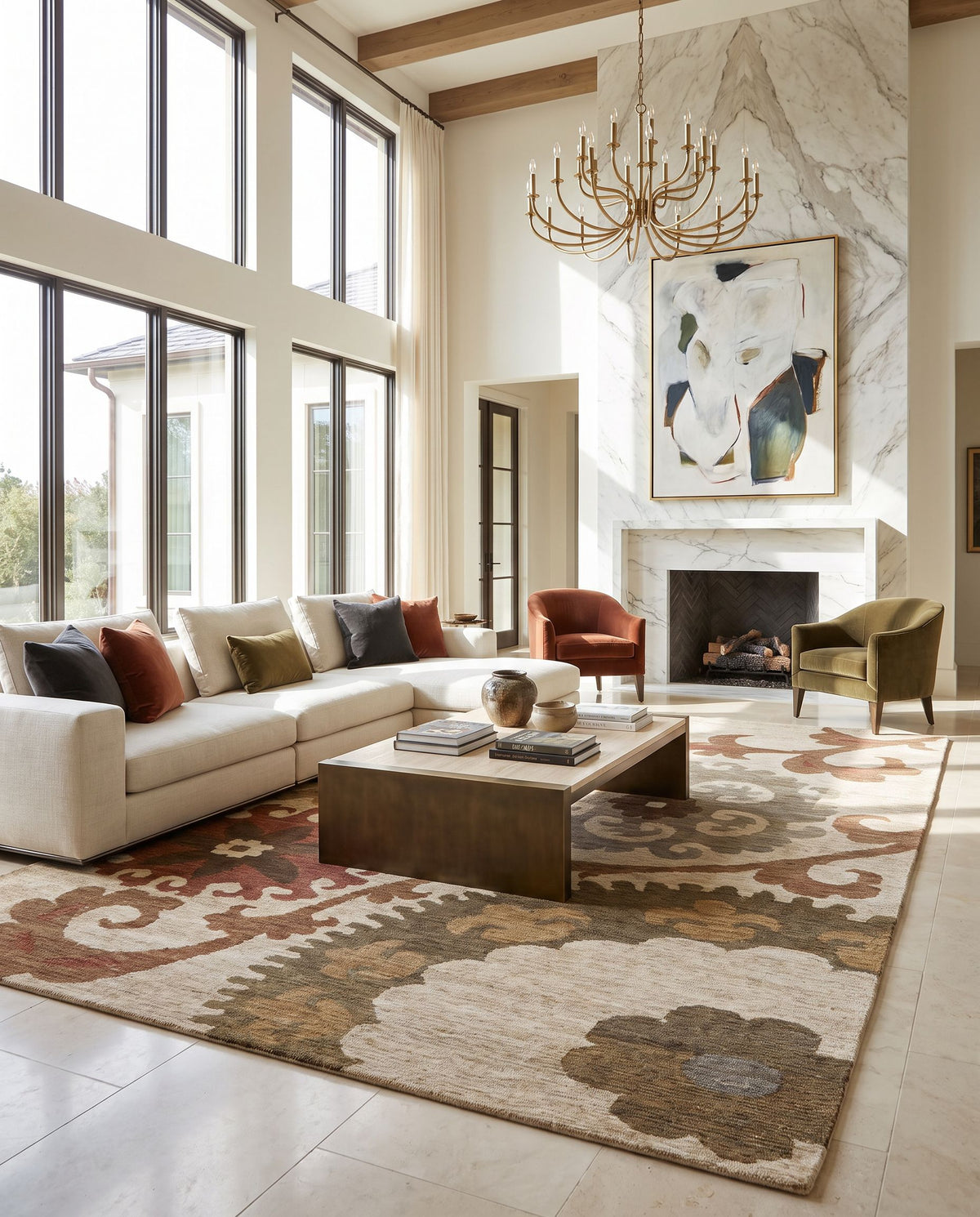 Columbia CBA-106 Hand Woven Rug as the centerpiece of a bright luxury living room — a hand woven modern area rug in olive, rust and deep teal tones