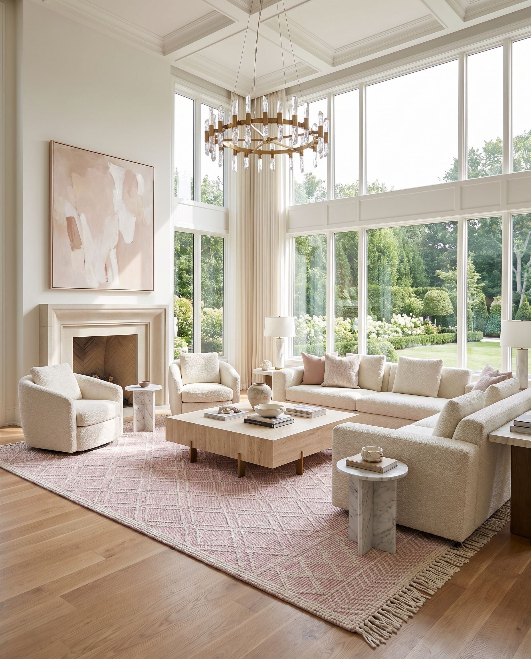 Casa DeCampo CDC-2303 Hand Woven Rug as the centerpiece of a bright luxury living room — a hand woven transitional, traditional area rug in ivory and pink tones