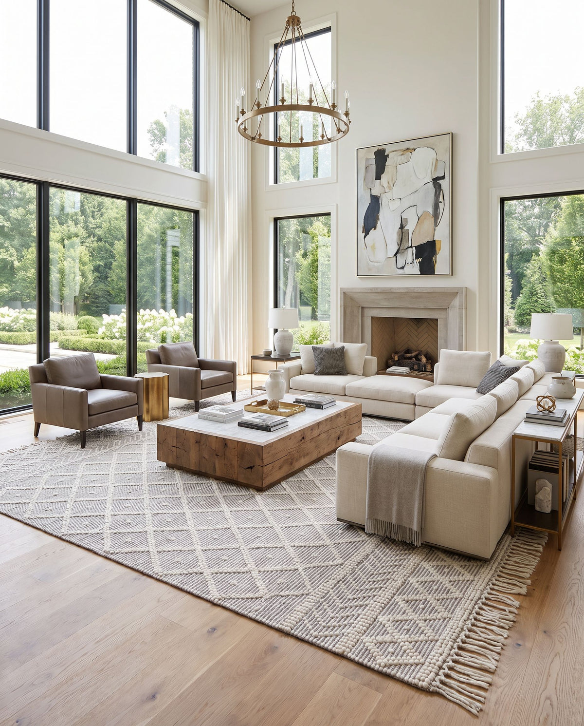 Casa DeCampo CDC-2304 Hand Woven Rug as the centerpiece of a bright luxury living room — a hand woven transitional, traditional area rug in ivory and charcoal tones