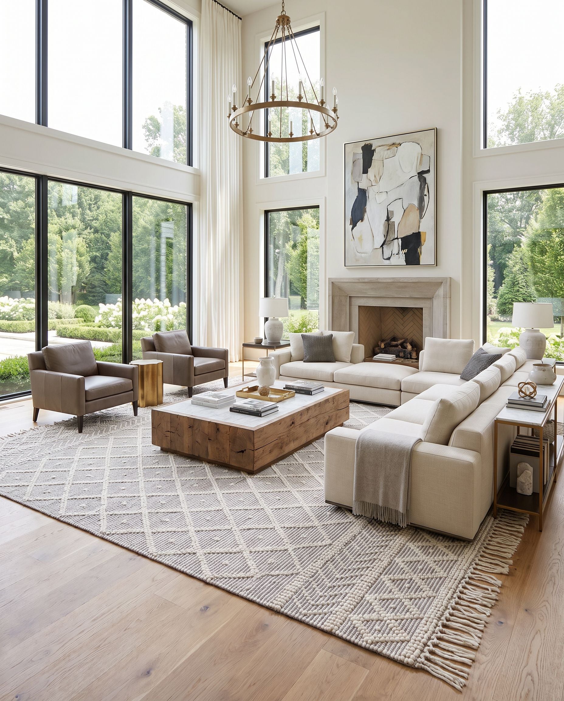 Casa DeCampo CDC-2304 Hand Woven Rug as the centerpiece of a bright luxury living room — a hand woven transitional, traditional area rug in ivory and charcoal tones
