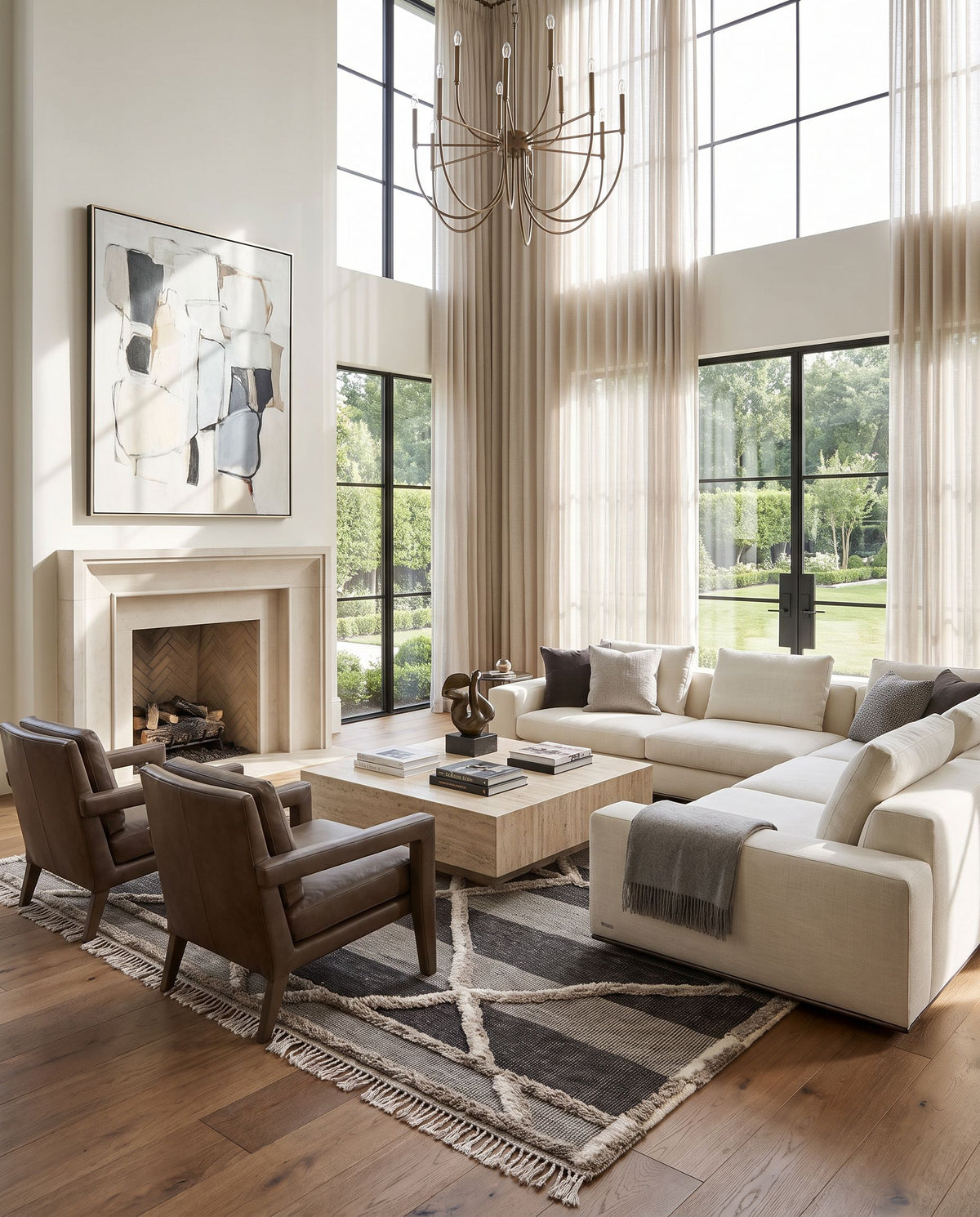 Cadiz CDZ-2304 Hand Knotted Rug as the centerpiece of a bright luxury living room — a hand knotted global area rug in gray, black and cream tones