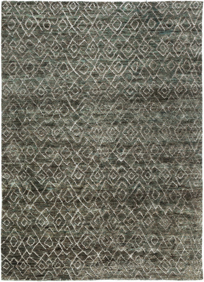 Dark Green Hand Knotted 60% Jute, 40% Wool Global Rectangle Handmade rug, Indoor use only, no fringe, non-washable.