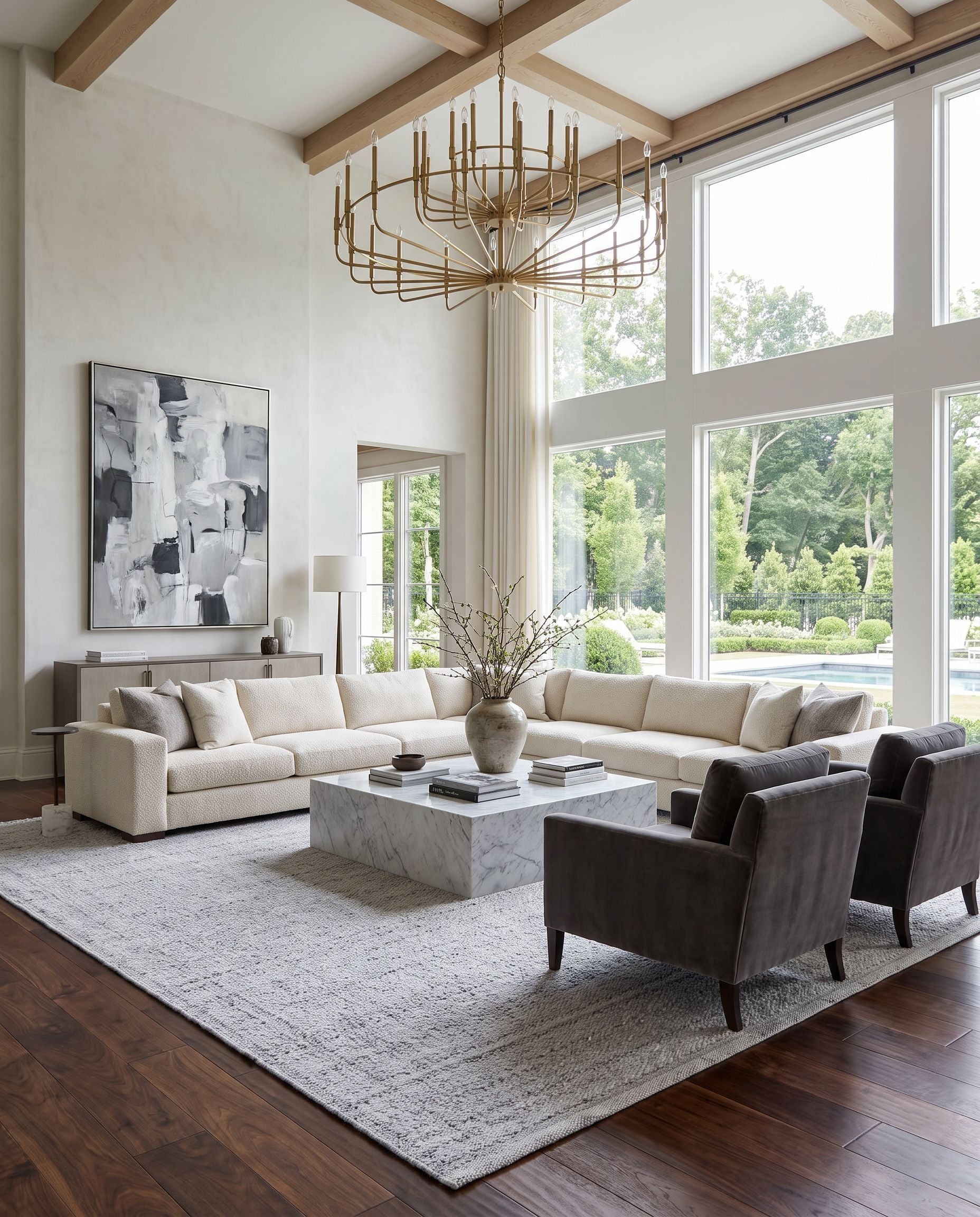 Clover CEV-2300 Hand Woven Rug as the centerpiece of a bright luxury living room — a hand woven cottage area rug in black, light slate, medium gray and white tones