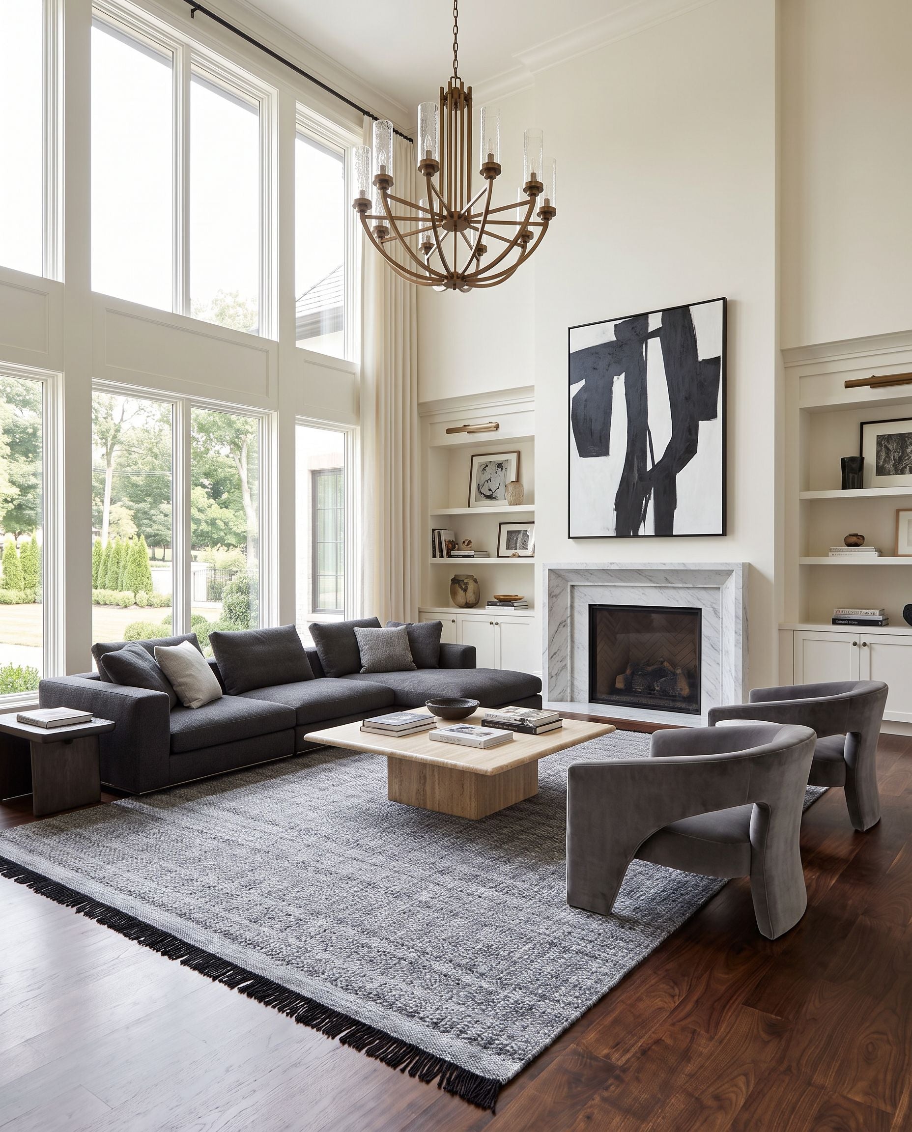 Clover CEV-2301 Hand Woven Rug as the centerpiece of a bright luxury living room — a hand woven cottage area rug in black, light slate, charcoal and medium gray tones
