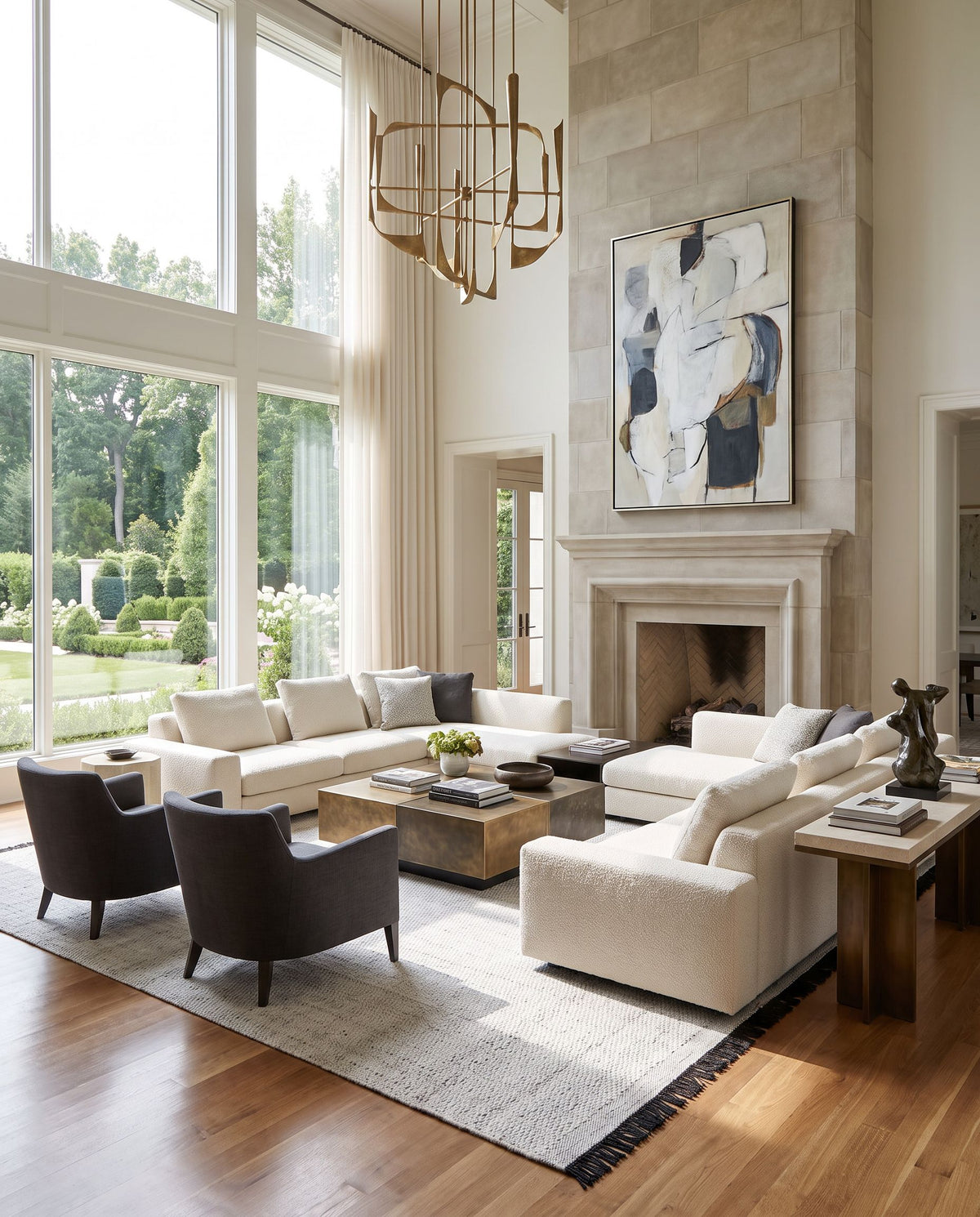 Clover CEV-2302 Hand Woven Rug as the centerpiece of a bright luxury living room — a hand woven cottage area rug in black, light slate and medium gray tones
