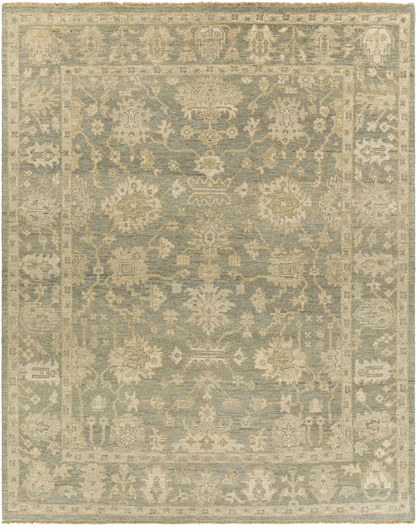 Dusty Sage Hand Knotted 100% NZ Wool Traditional Rectangle Handmade rug, Indoor use only, has fringe, non-washable.