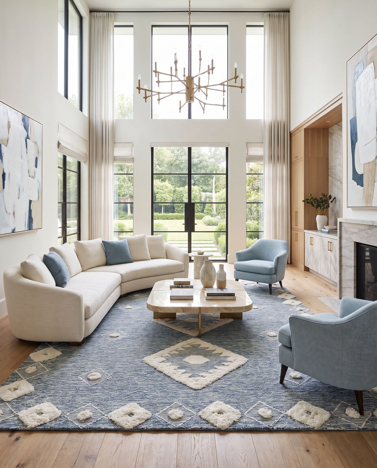 Cherokee CHK-2301 Hand Tufted Rug as the centerpiece of a bright luxury living room — a hand tufted transitional, bohemian area rug in cream and navy tones