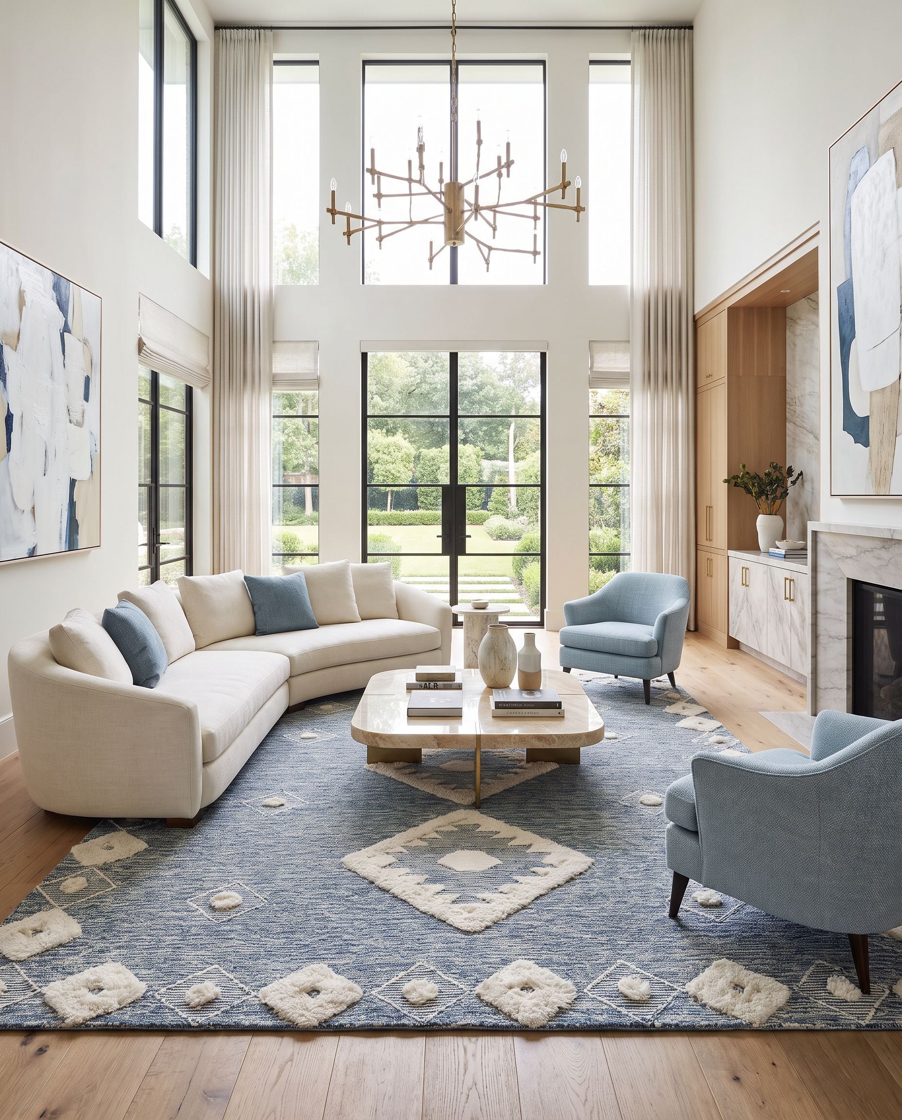 Cherokee CHK-2301 Hand Tufted Rug as the centerpiece of a bright luxury living room — a hand tufted transitional, bohemian area rug in cream and navy tones