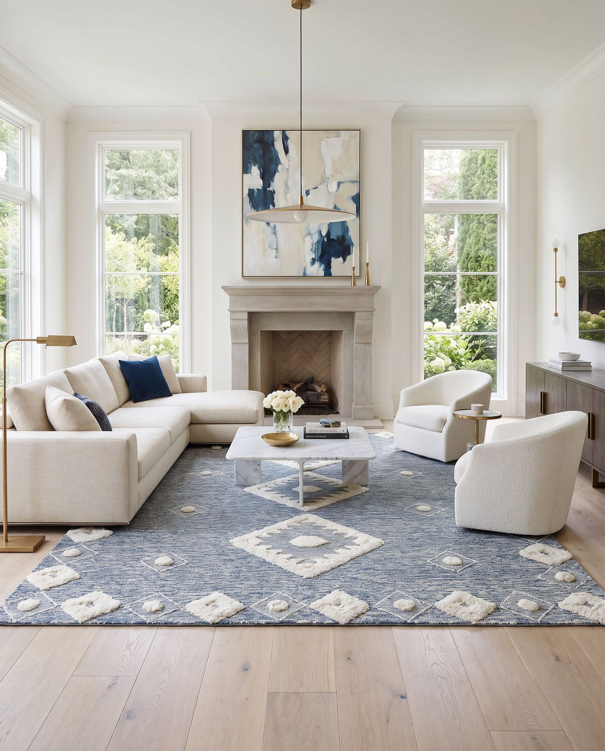 Cherokee CHK-2301 Hand Tufted Rug styled in an elegant designer living room — hand tufted transitional, bohemian area rug in cream and navy tones