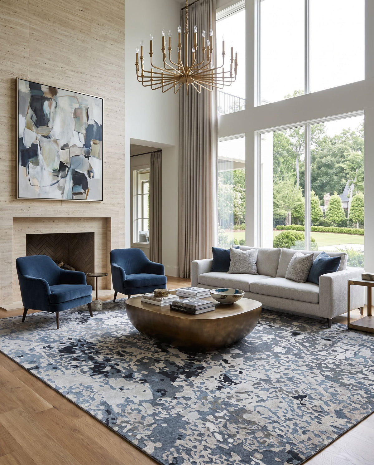 Chemistry CHM-2003 Hand Knotted Rug styled in an elegant designer living room — hand knotted modern area rug in navy, denim, off-white and dusty sage tones
