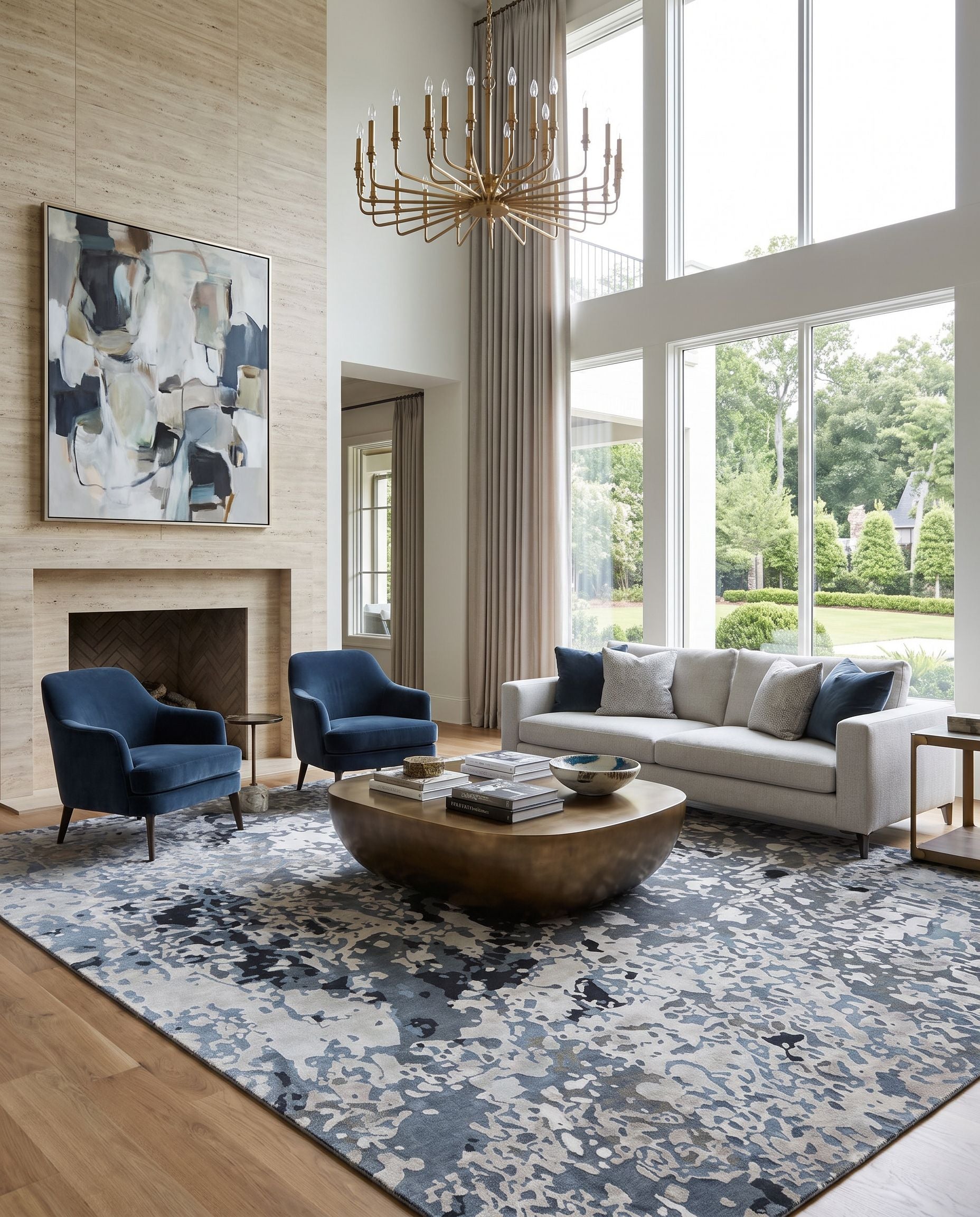 Chemistry CHM-2003 Hand Knotted Rug styled in an elegant designer living room — hand knotted modern area rug in navy, denim, off-white and dusty sage tones