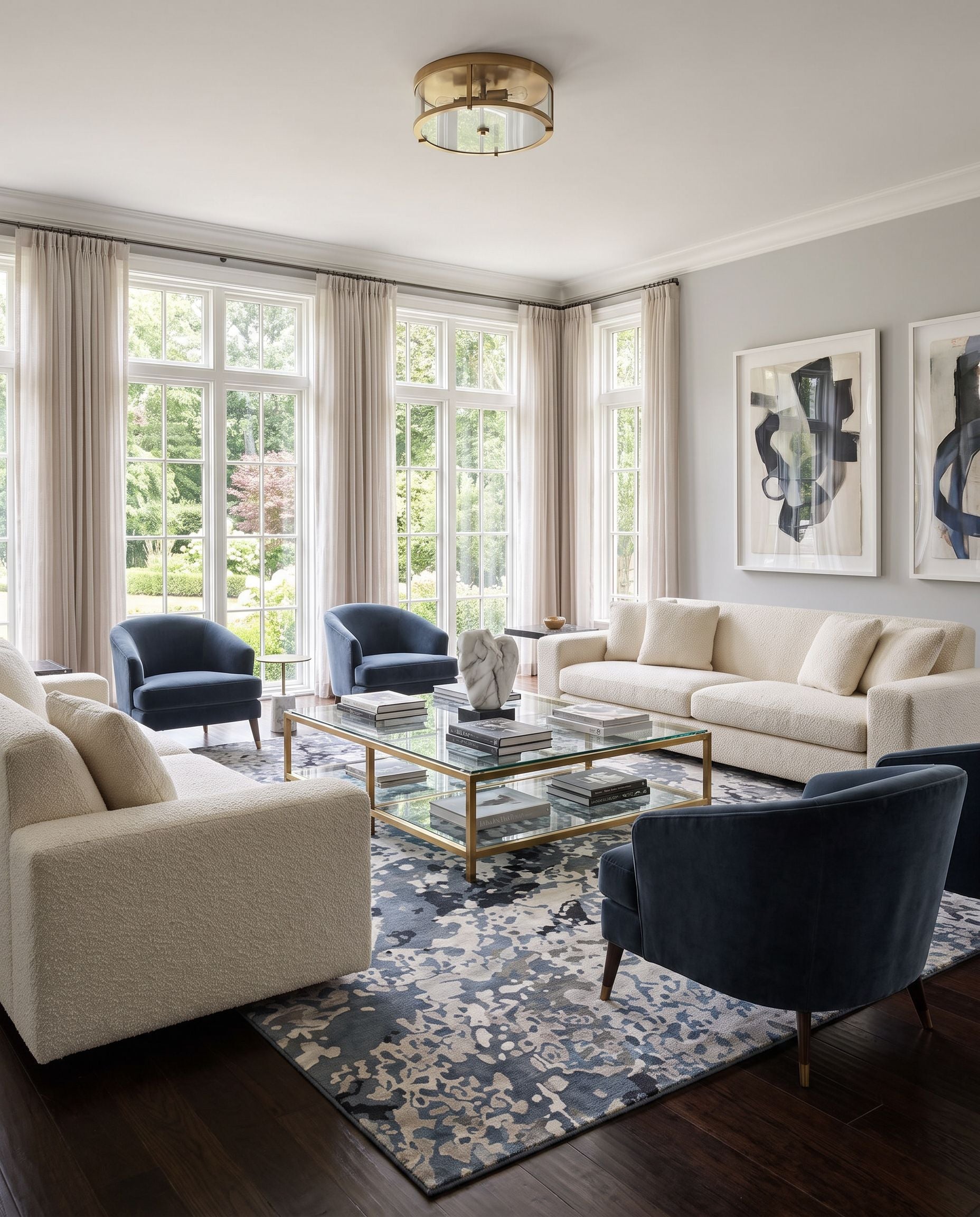 Chemistry CHM-2003 Hand Knotted Rug styled in an elegant designer living room — hand knotted modern area rug in navy, denim, off-white and dusty sage tones