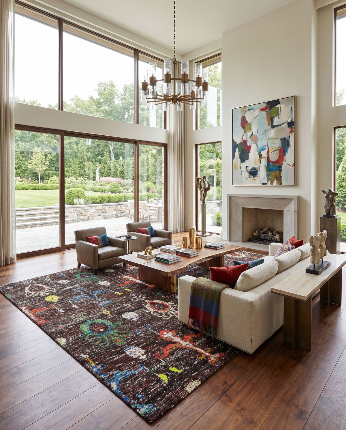 Chocho CHO-9000 Hand Knotted Rug as the centerpiece of a bright luxury living room — a hand knotted modern area rug in black, rust, denim and light green tones