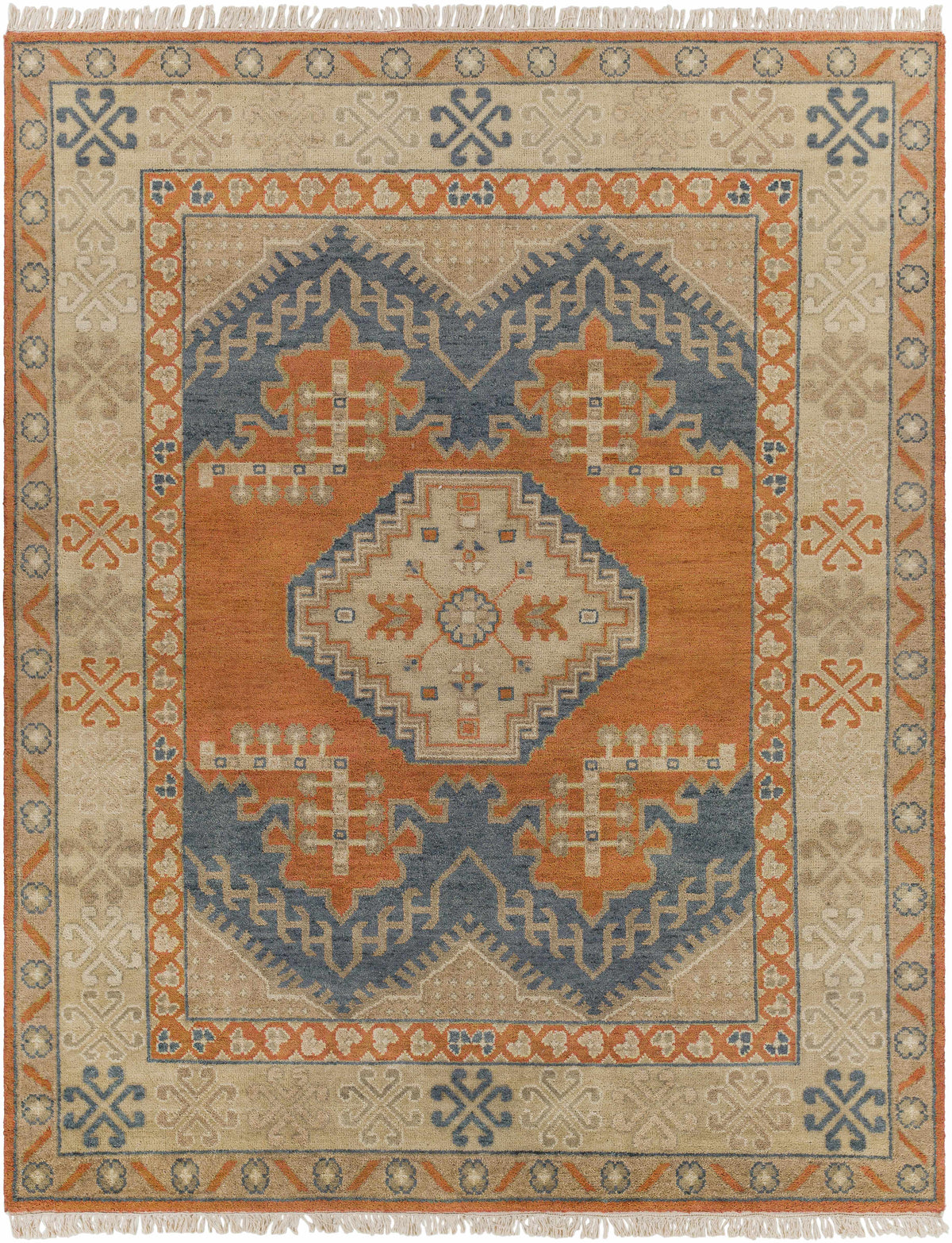 Brown Hand Knotted 100% Wool Traditional Rectangle Handmade rug, Indoor use only, has fringe, non-washable.