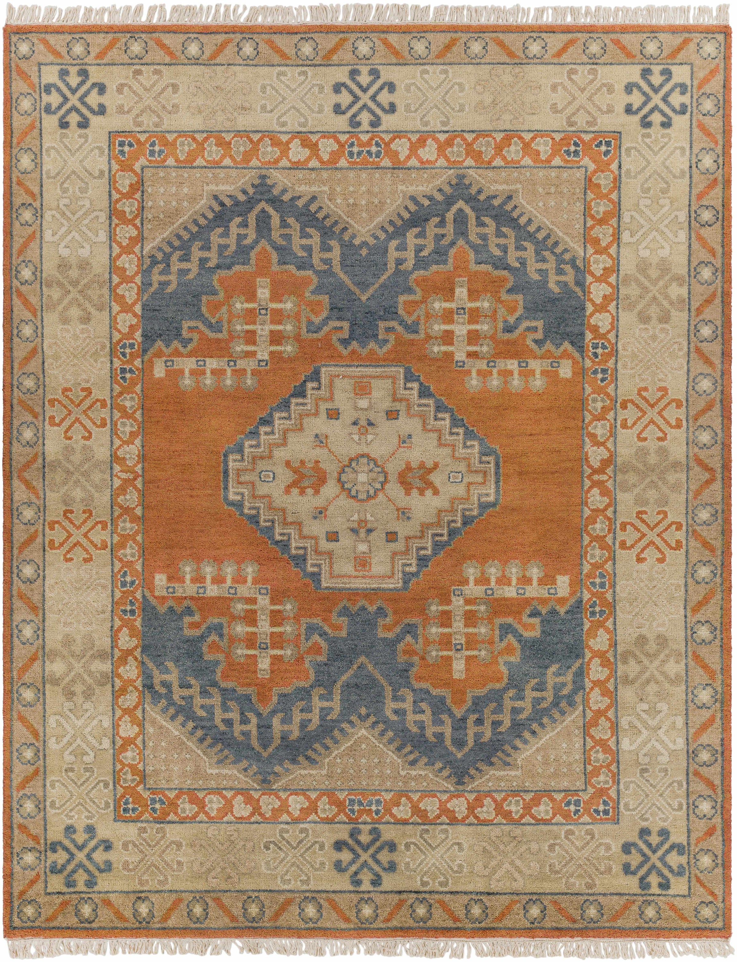 Brown Hand Knotted 100% Wool Traditional Rectangle Handmade rug, Indoor use only, has fringe, non-washable.