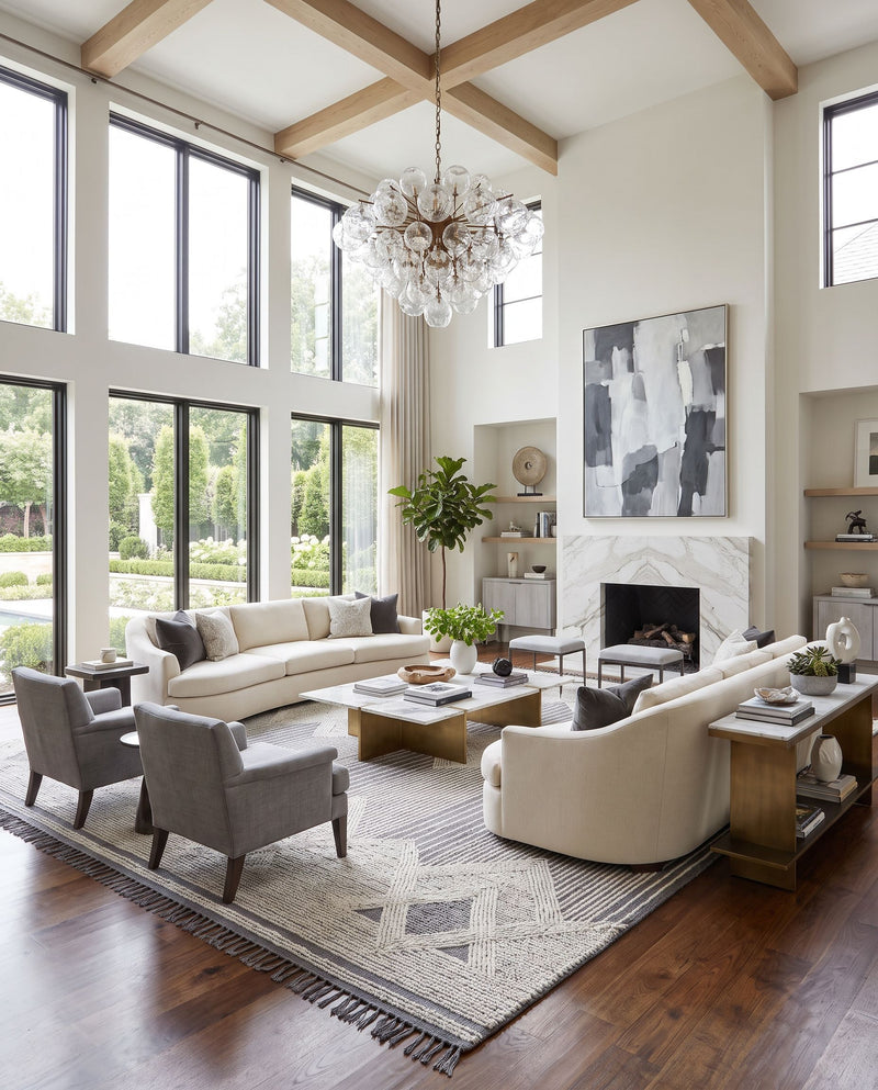 Cheyenne CHY-2309 Hand Woven Rug as the centerpiece of a bright luxury living room — a hand woven cottage area rug in charcoal, ivory and medium gray tones