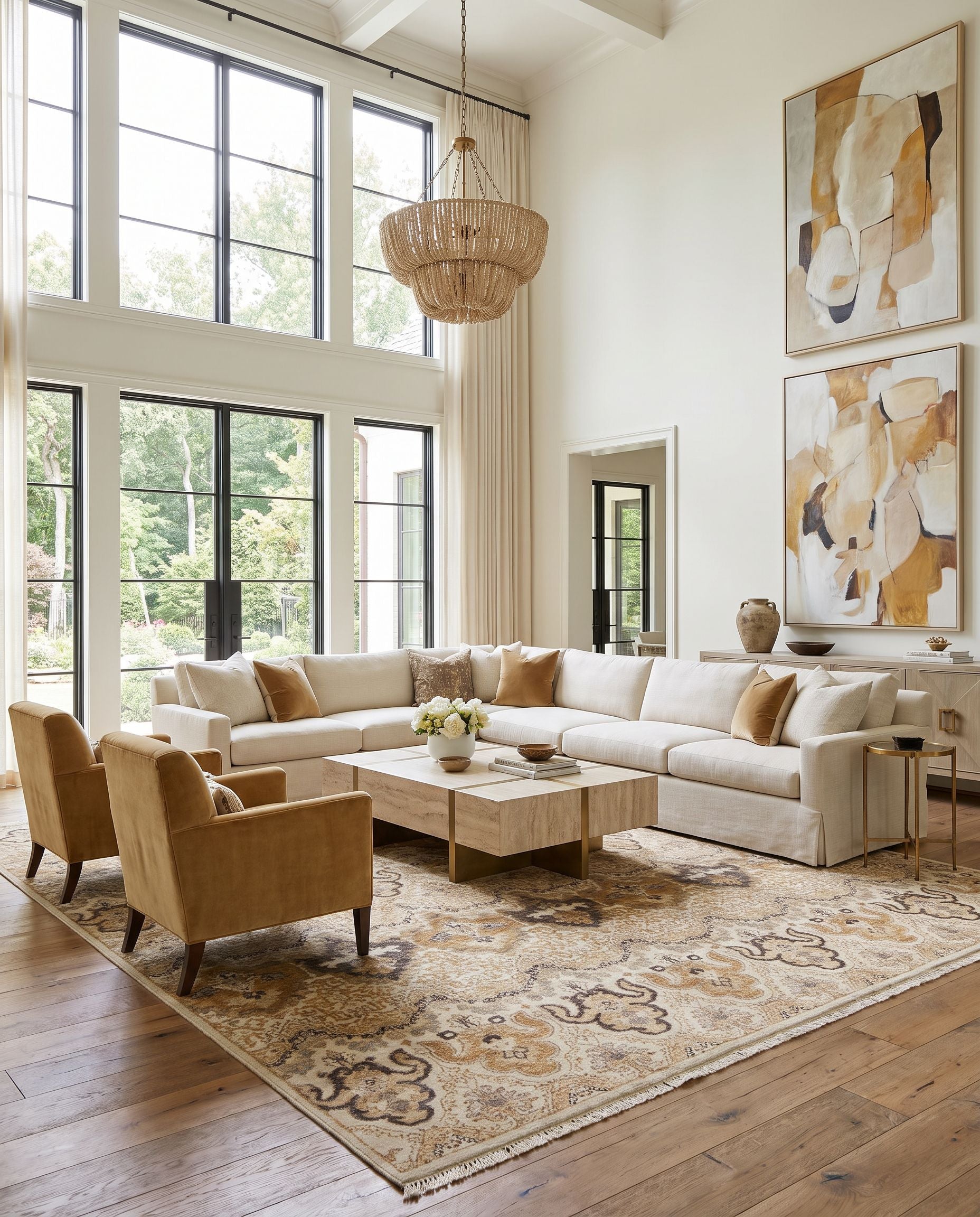 Cambridge CMB-8000 Hand Knotted Rug as the centerpiece of a bright luxury living room — a hand knotted traditional area rug in off-white, light brown, dark brown and medium brown tones