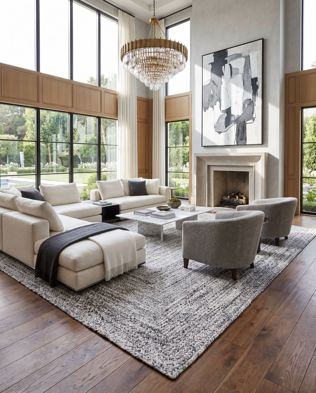Cologne COG-2300 Hand Woven Rug as the centerpiece of a bright luxury living room — a hand woven modern area rug in charcoal and white tones