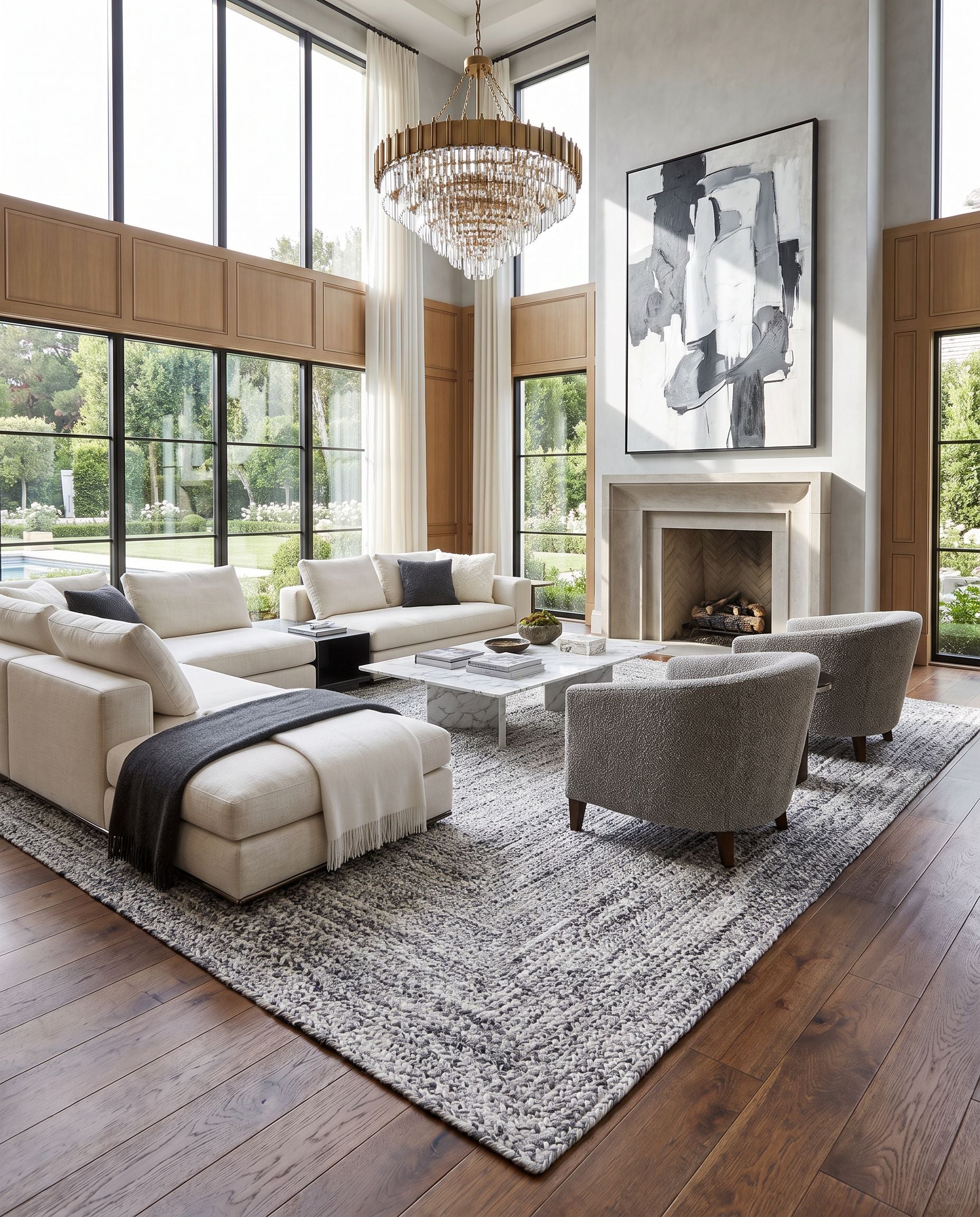 Cologne COG-2300 Hand Woven Rug as the centerpiece of a bright luxury living room — a hand woven modern area rug in charcoal and white tones