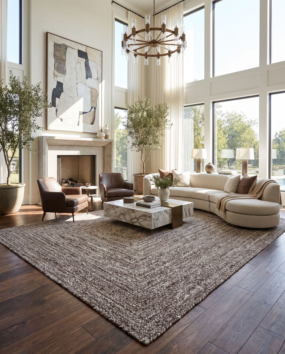 Cologne COG-2301 Hand Woven Rug as the centerpiece of a bright luxury living room — a hand woven modern area rug in dark brown and white tones