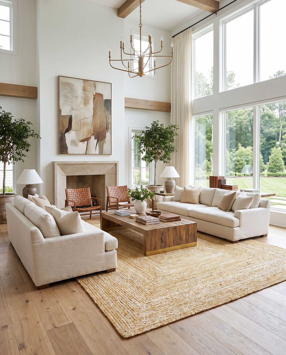 Cologne COG-2303 Hand Woven Rug as the centerpiece of a bright luxury living room — a hand woven modern area rug in camel and white tones
