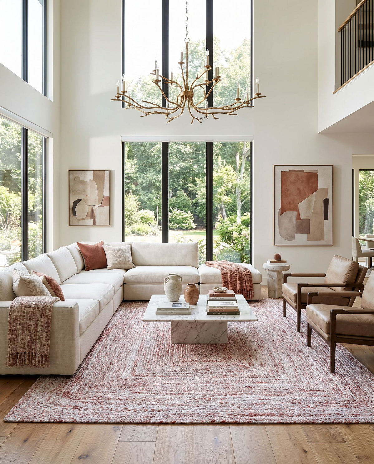 Cologne COG-2304 Hand Woven Rug as the centerpiece of a bright luxury living room — a hand woven modern area rug in rust and white tones