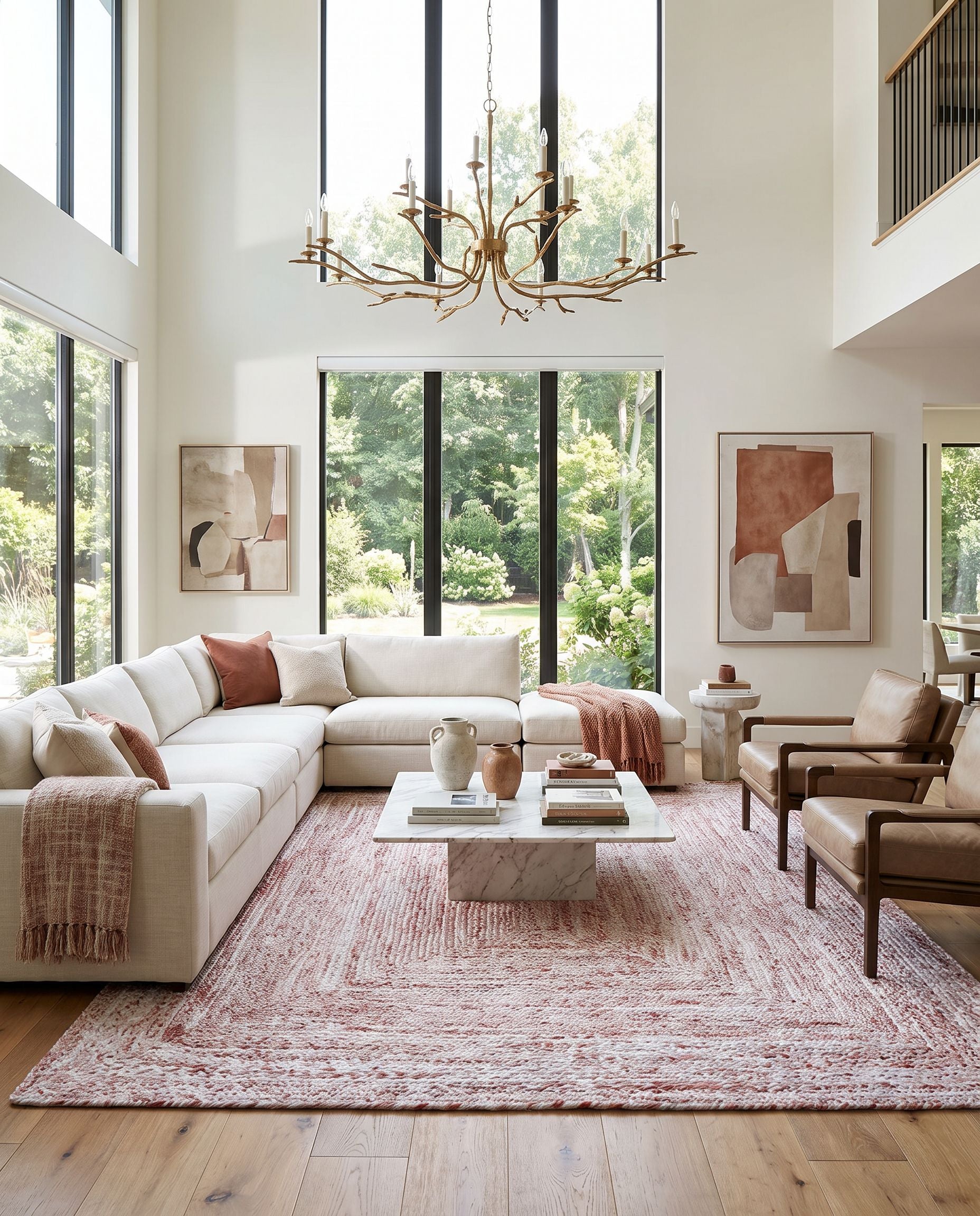 Cologne COG-2304 Hand Woven Rug as the centerpiece of a bright luxury living room — a hand woven modern area rug in rust and white tones