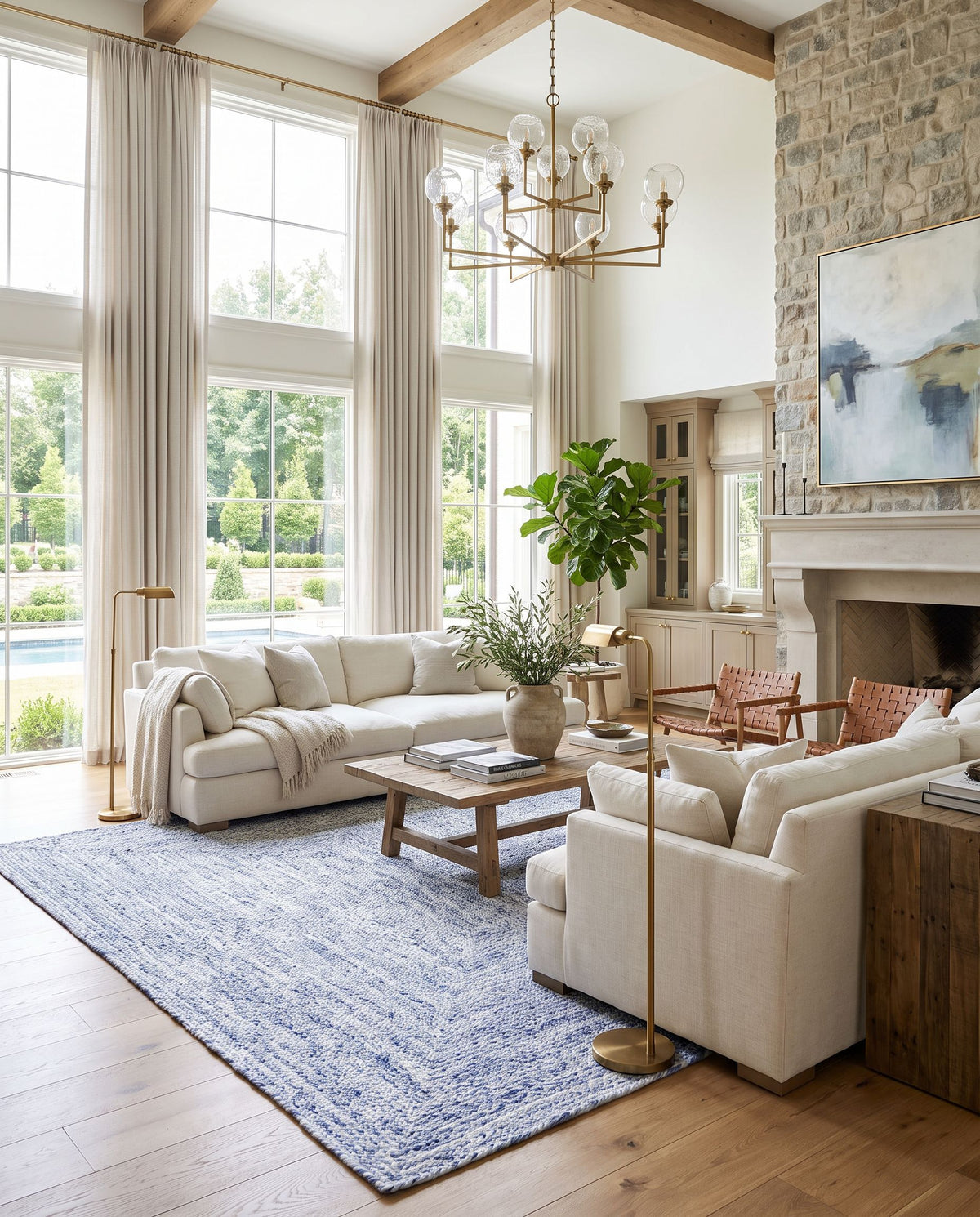Cologne COG-2305 Hand Woven Rug as the centerpiece of a bright luxury living room — a hand woven modern area rug in dark blue and white tones