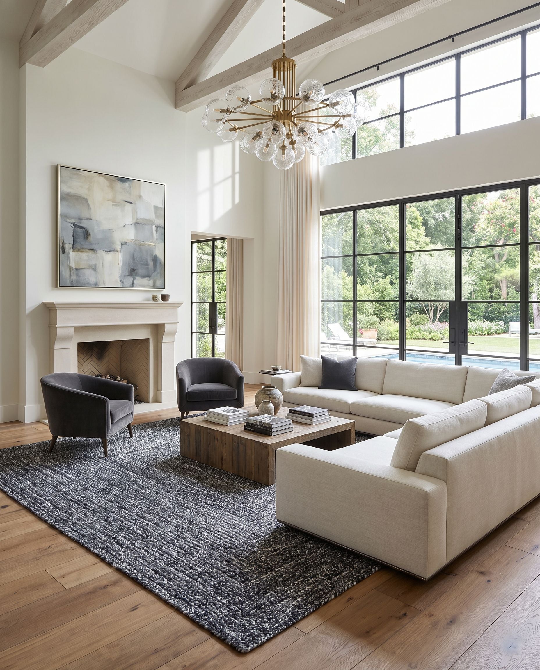Cologne COG-2307 Hand Woven Rug as the centerpiece of a bright luxury living room — a hand woven modern area rug in black and white tones