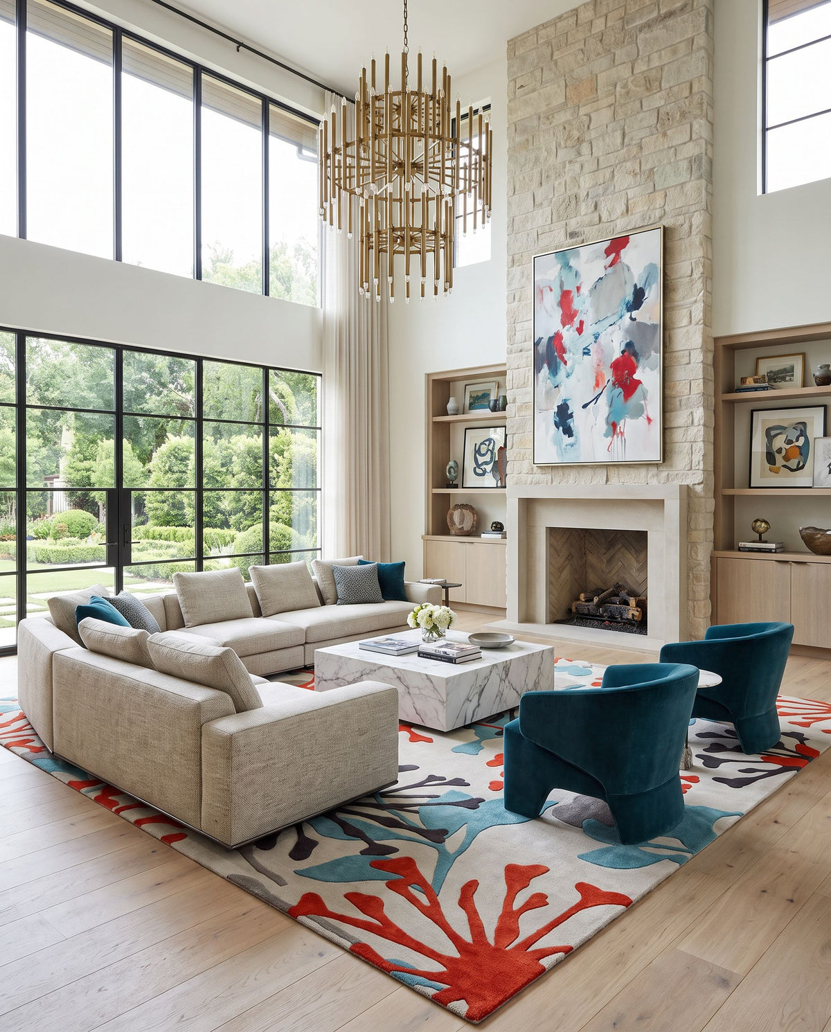 Cosmopolitan COS-9197 Hand Tufted Rug as the centerpiece of a bright luxury living room — a hand tufted modern area rug in teal, red, off-white and black tones