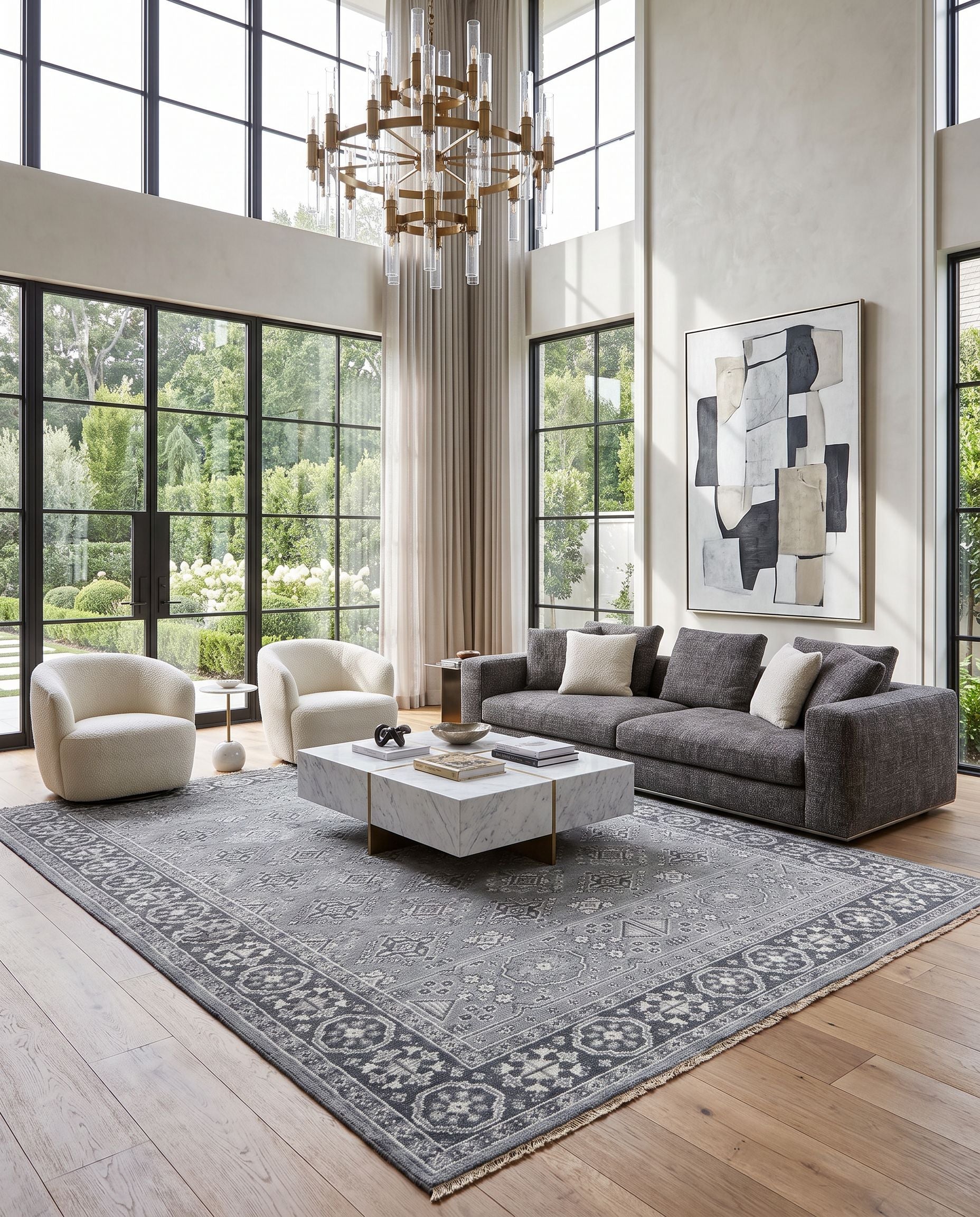 Cappadocia CPP-5012 Hand Knotted Rug as the centerpiece of a bright luxury living room — a hand knotted traditional area rug in deep teal, ink blue and ice blue tones