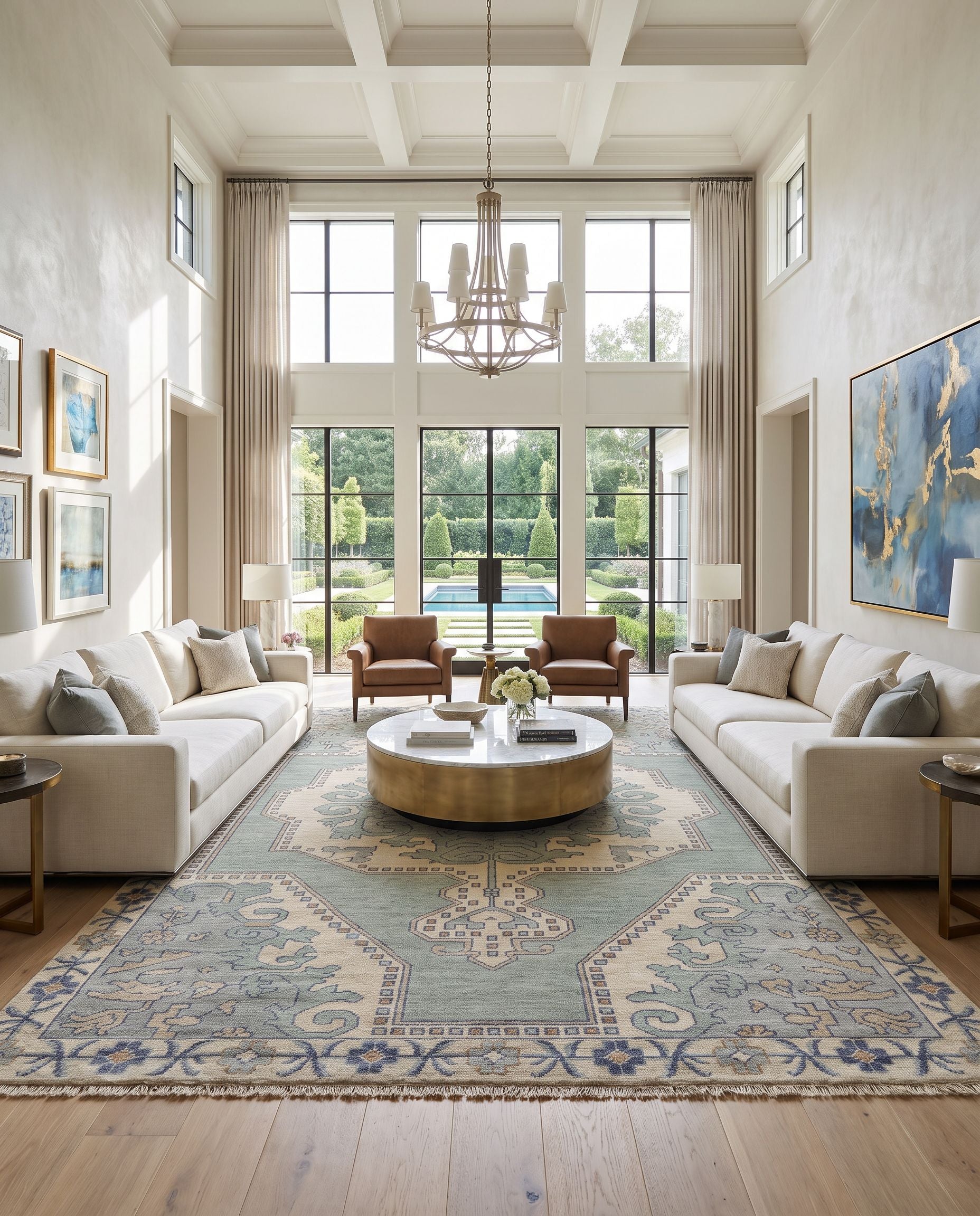 Cappadocia CPP-5031 Hand Knotted Rug styled in an elegant designer living room — hand knotted traditional area rug in denim, ivory, light sage and olive tones