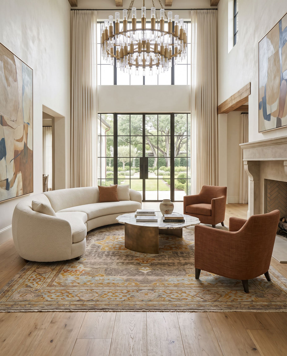 Cappadocia CPP-5036 Hand Knotted Rug as the centerpiece of a bright luxury living room — a hand knotted traditional area rug in nutmeg tones