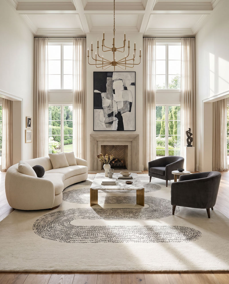 Carolena CRA-2301 Hand Tufted Rug as the centerpiece of a bright luxury living room — a hand tufted contemporary area rug in ivory and charcoal tones
