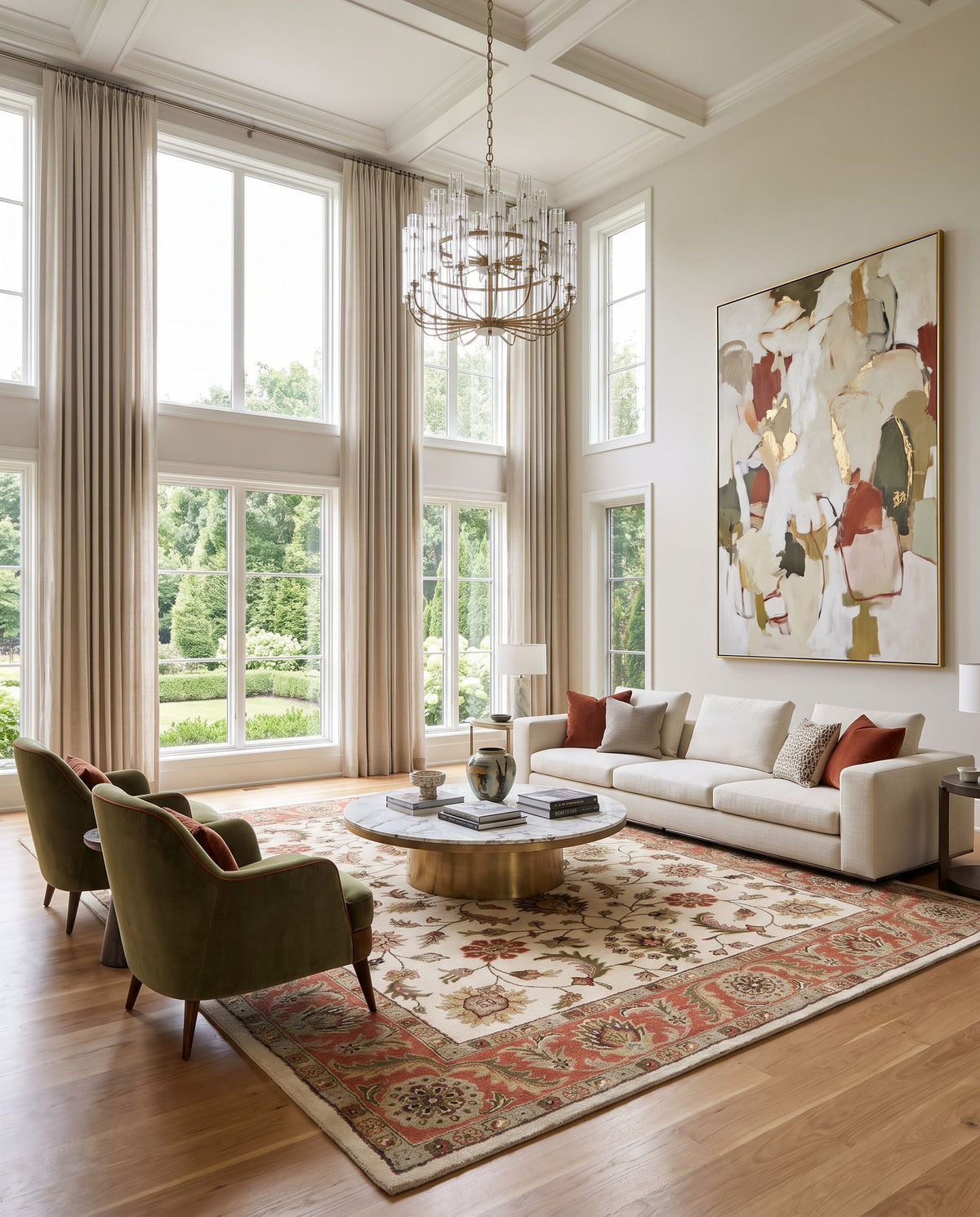 Crowne CRN-6004 Hand Tufted Rug as the centerpiece of a bright luxury living room — a hand tufted traditional area rug in beige, black, tan and burnt orange tones